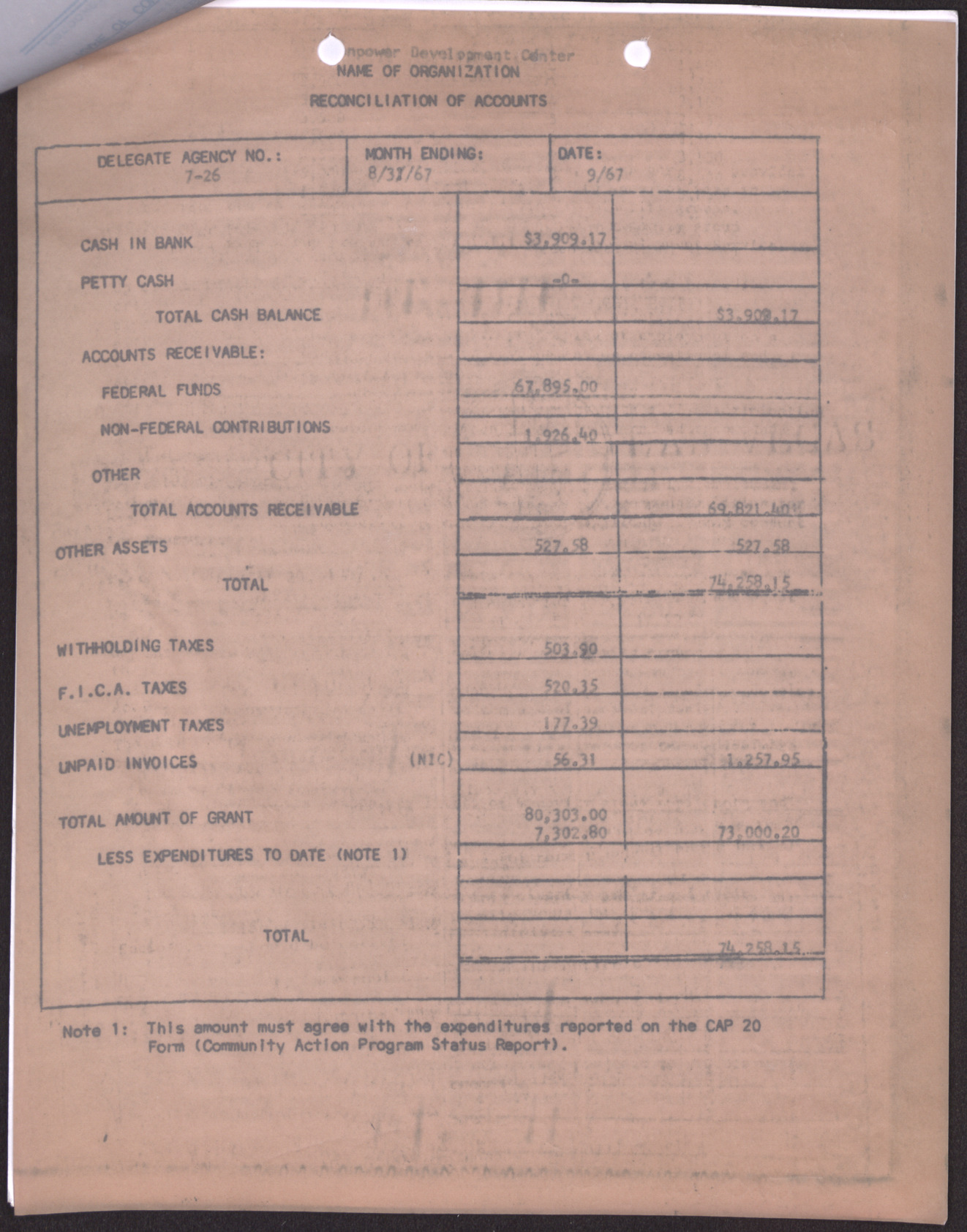 Reconciliation of Accounts, September 1967