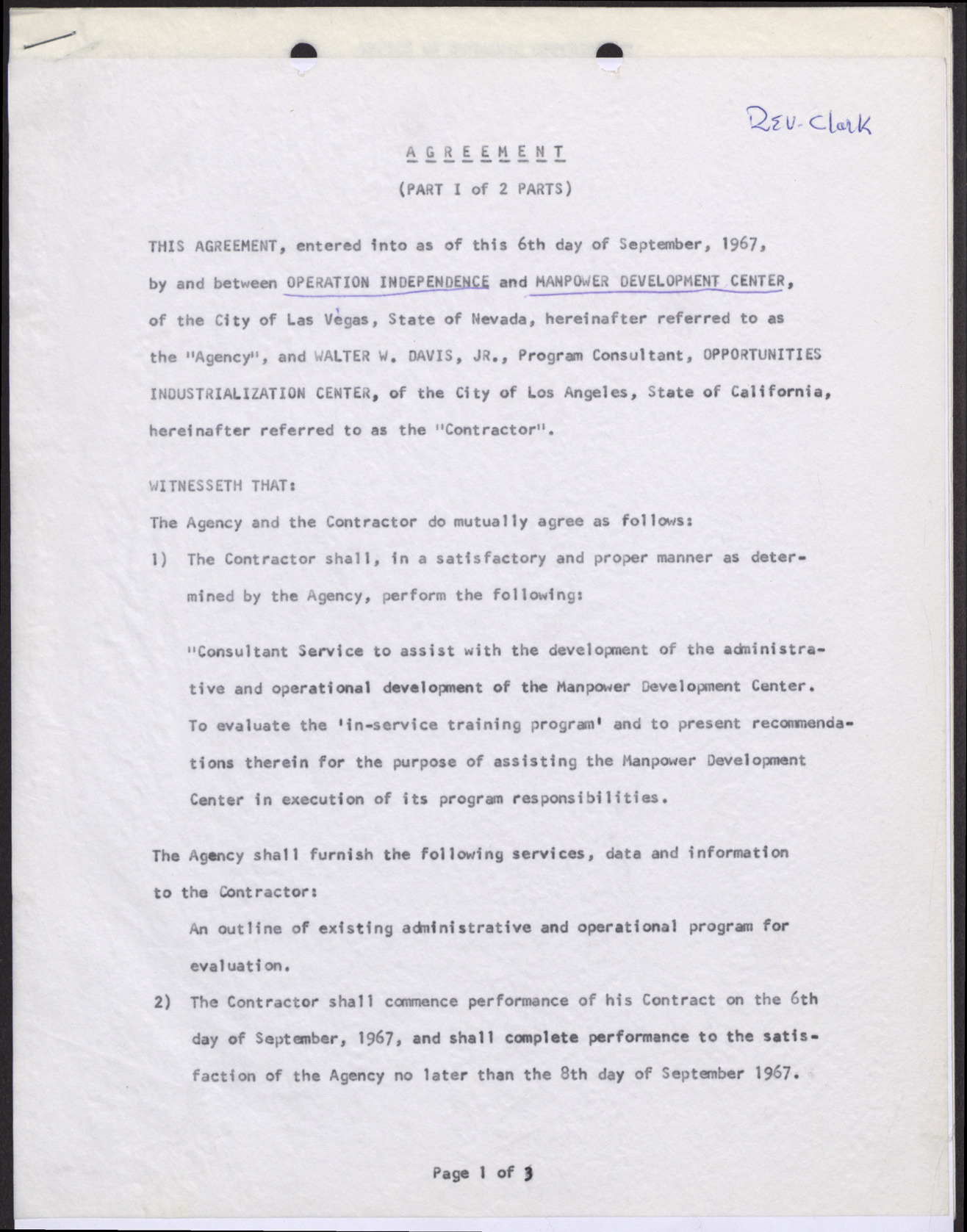 Contract of Agreement between Operation Independence and Manpower Development Center Parts I & II  (7 pages), no date