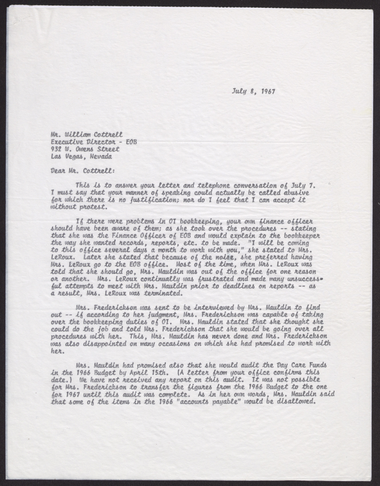 Letter to Mr. William Cottrell from Lubertha M. Johnson (2 pages), July 8, 1967
