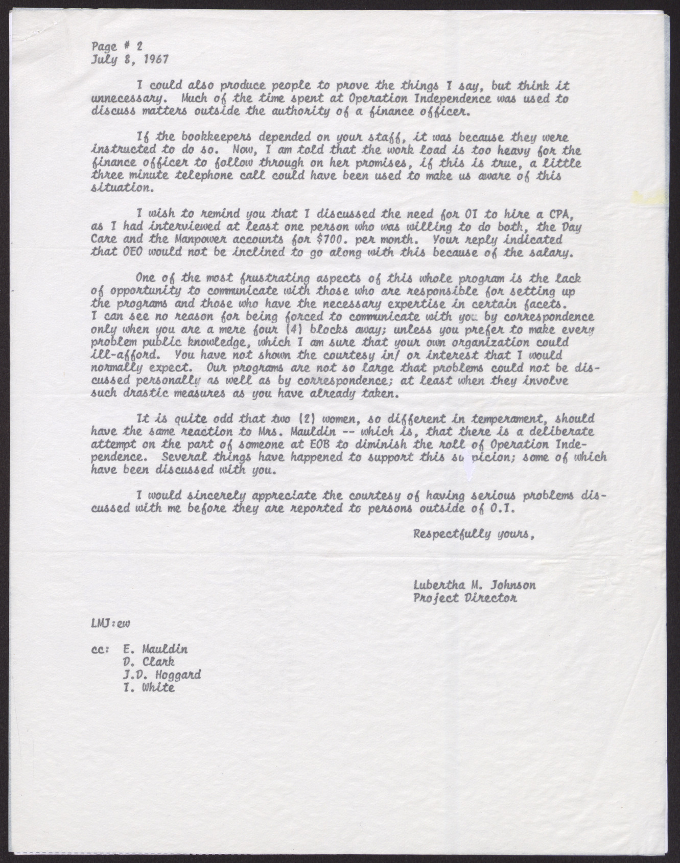 Letter to Mr. William Cottrell from Lubertha M. Johnson (2 pages), July 8, 1967, page 2