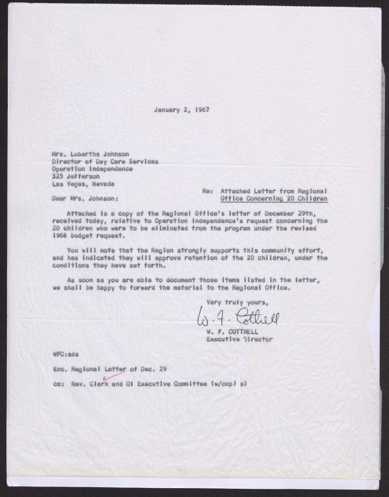 Letter to Mrs. Lubertha Johnson from W. F. Cottrell, January 2, 1967