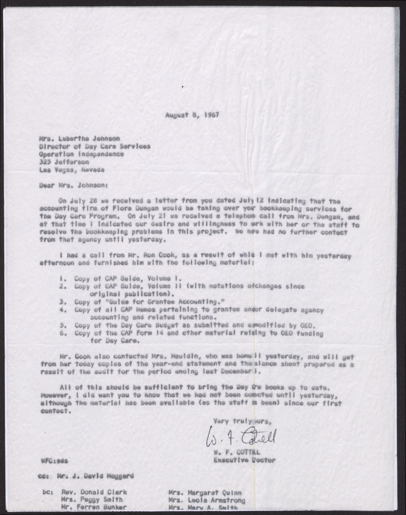 Letter to Mrs. Lubertha Johnson from W. F. Cottrell, August 8, 1967