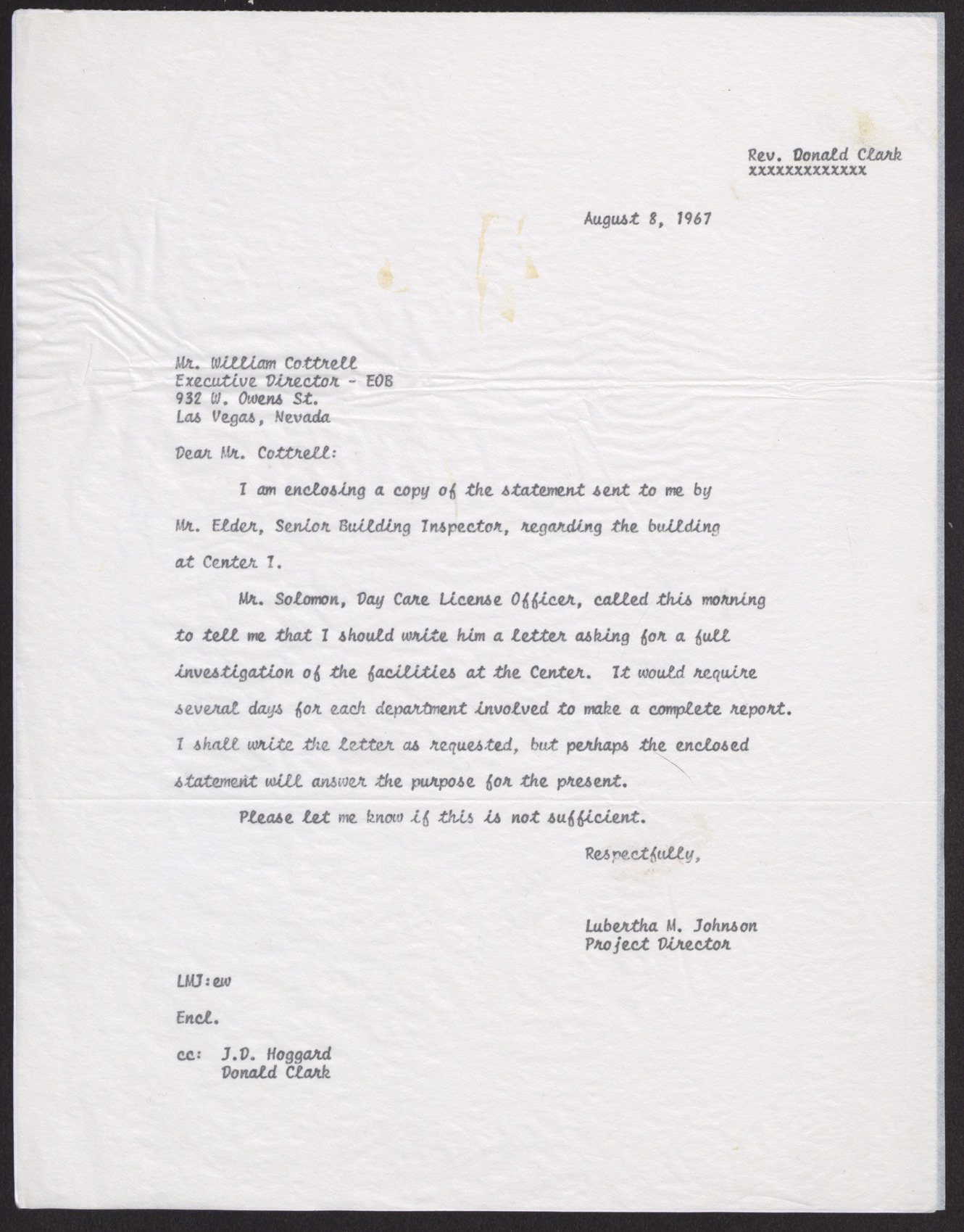 Letter to Mr. William Cottrell from Lubertha M. Johnson, August 8, 1967