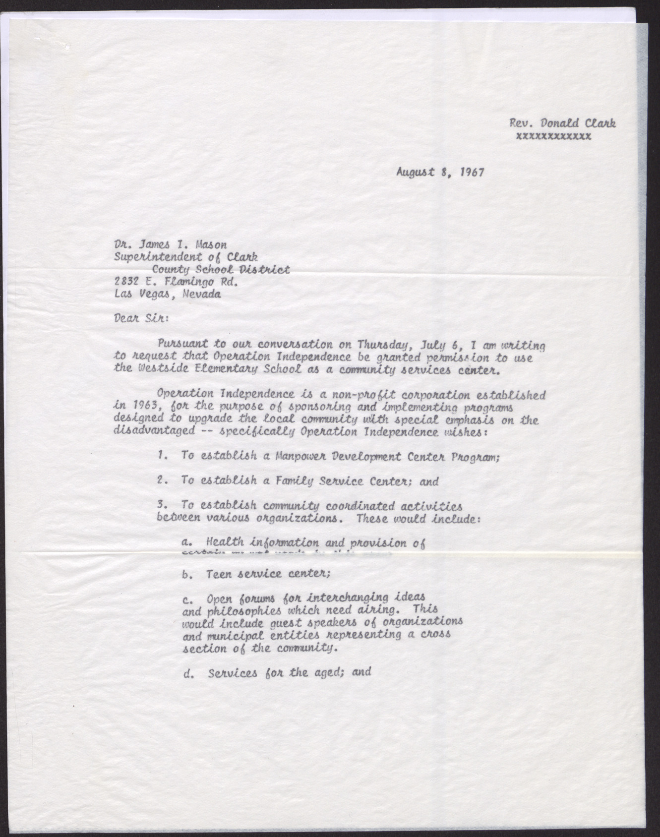 Letter to Dr. James I. Mason from Lubertha M. Johnson (2 pages), August 8, 1967