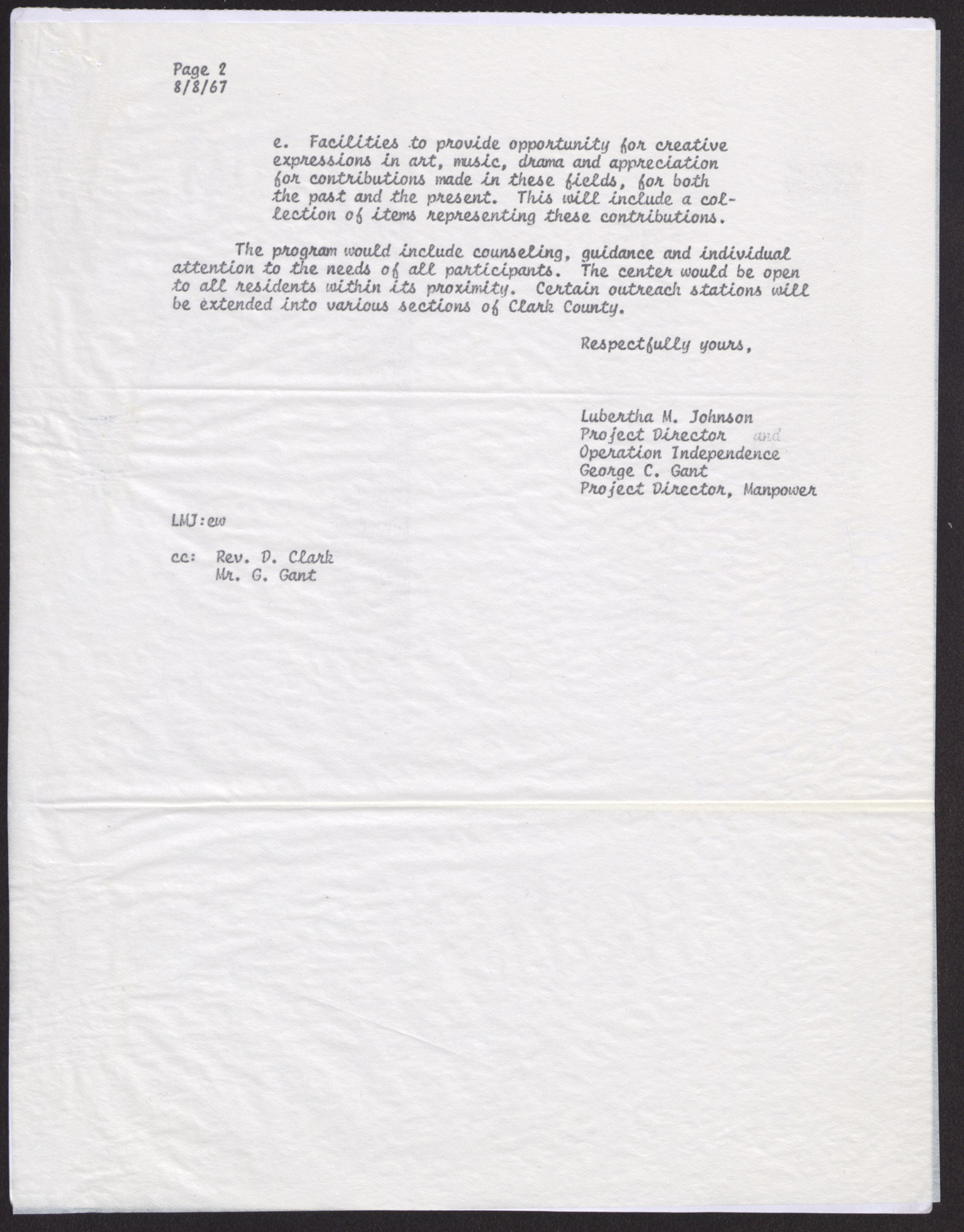 Letter to Dr. James I. Mason from Lubertha M. Johnson (2 pages), August 8, 1967, page 2