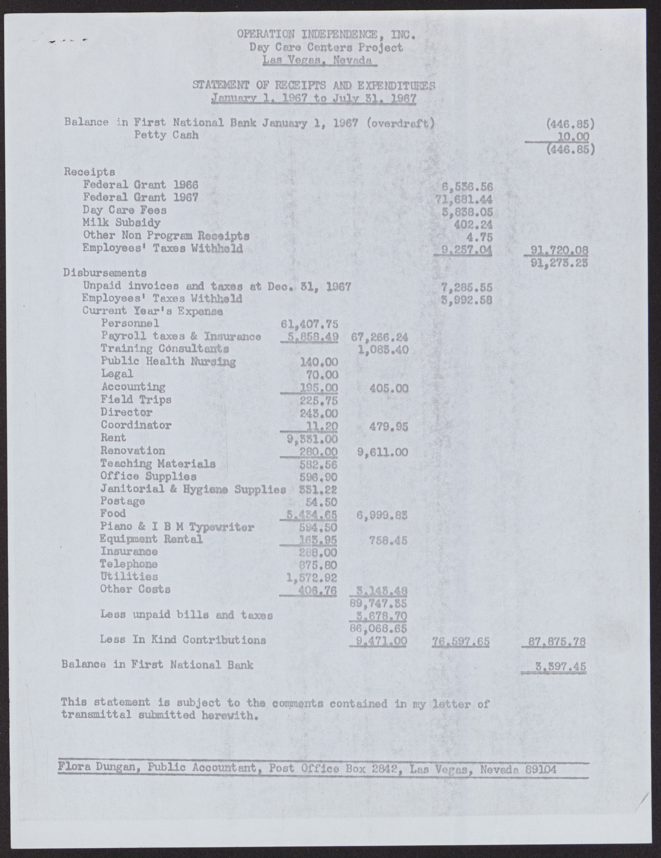 Letter from Flora Dungan and accompanying statements of Receipts and Expenditures and Budgeted and Actual Expenditures (5 pages), August 9, 1967, page 5