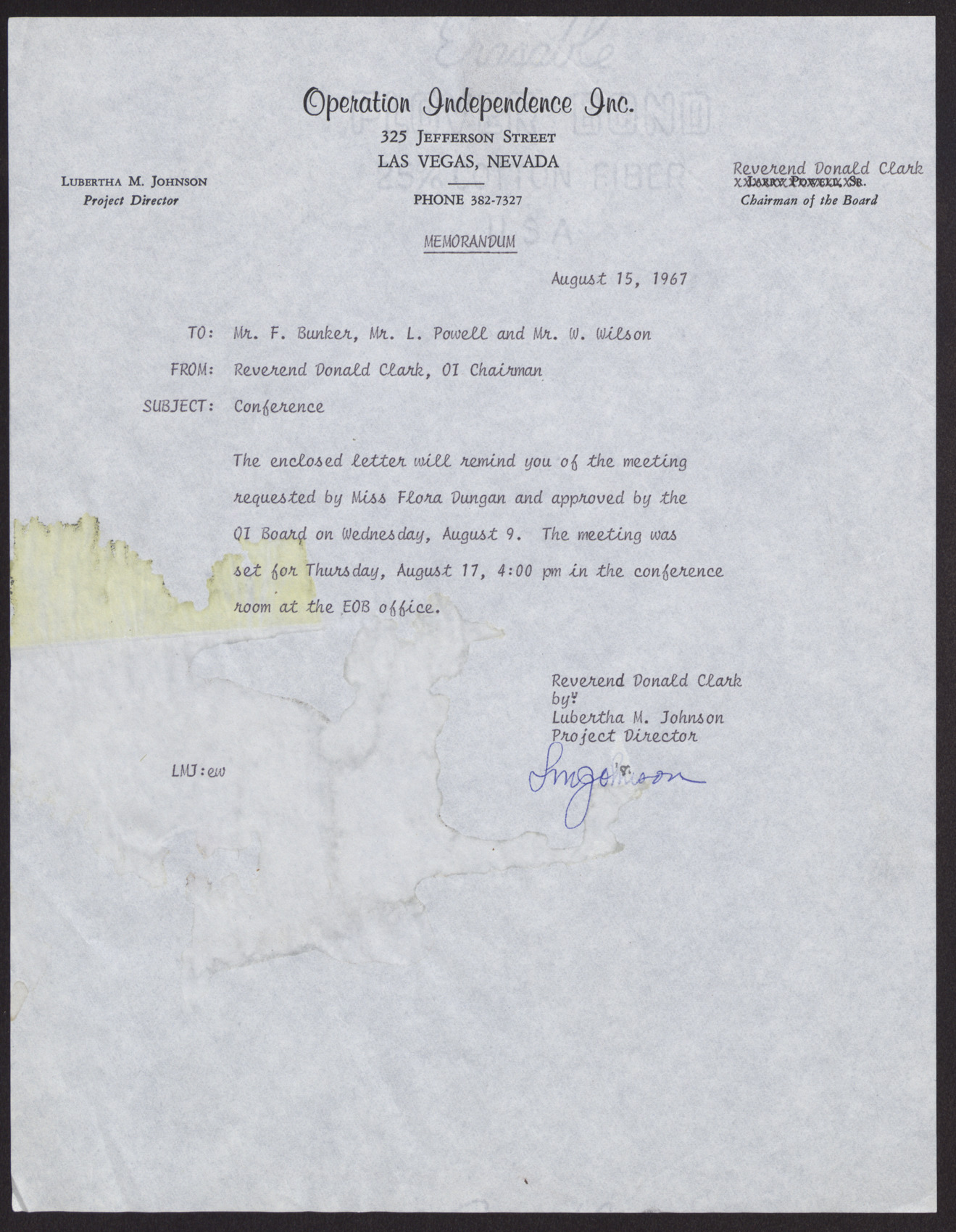 Memorandum to Mr. F. Bunker, Mr. L. Powell and Mr. W. Wilson from Reverend Donald Clark, August 15, 1967