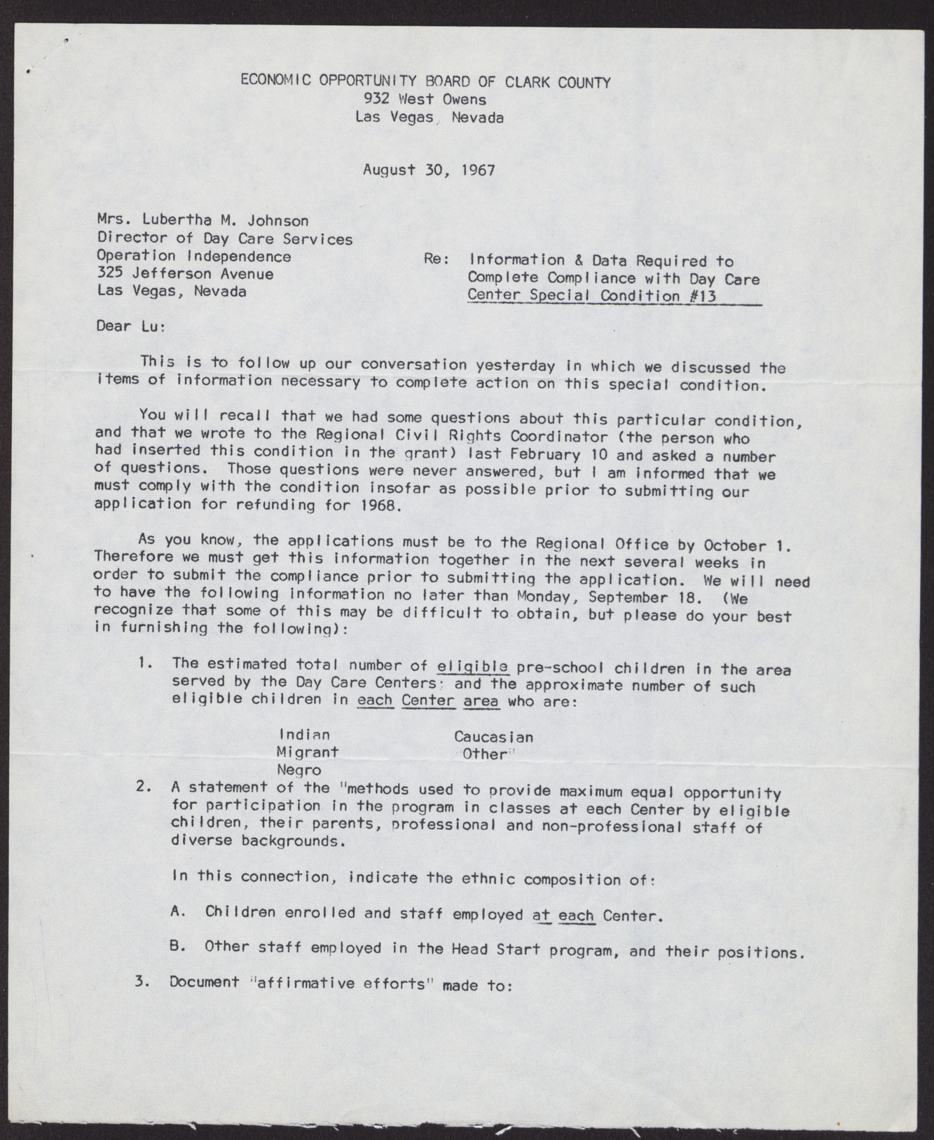 Letter to Mrs. Lubertha M. Johnson from W. F. Cottrell (3 pages), August 30, 1967
