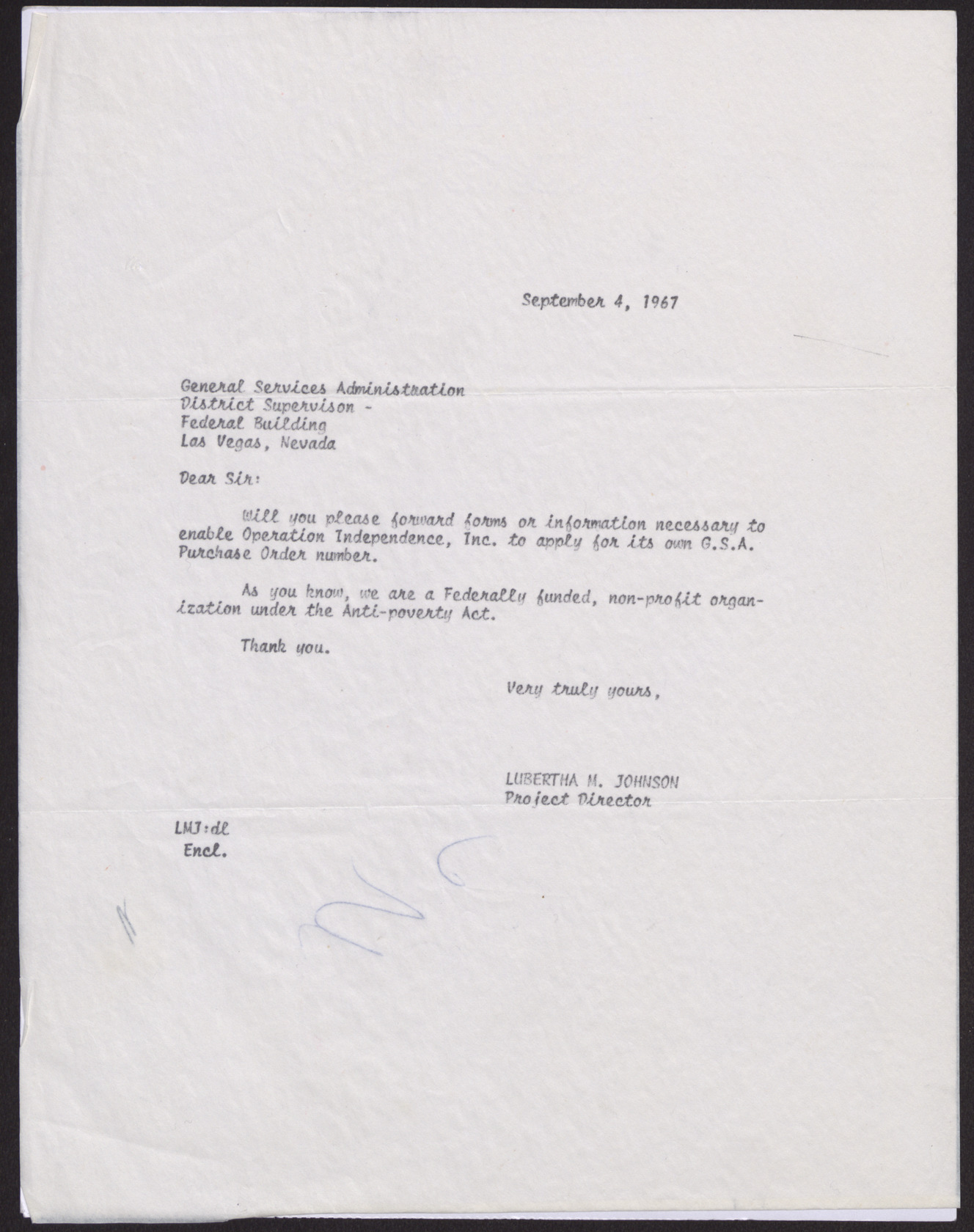 Letter to General Services Administration office from Lubertha M. Johnson, September 4, 1967