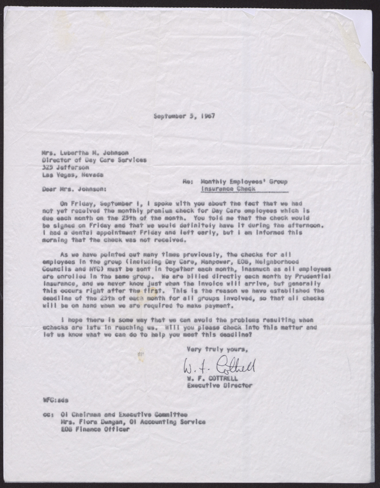 Letter to Mrs. Lubertha M. Johnson from W. F. Cottrell, September 5, 1967