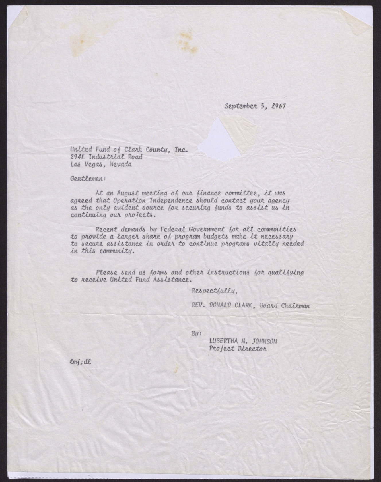 Letter to the United Fund of Clark County, Inc., from Lubertha M. Johnson, September 5, 1967