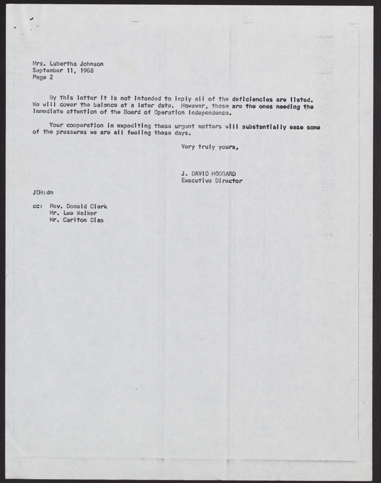 Letter to Mrs. Lubertha M. Johnson from J. David Hoggard (2 pages), September 11, 1968, page 2