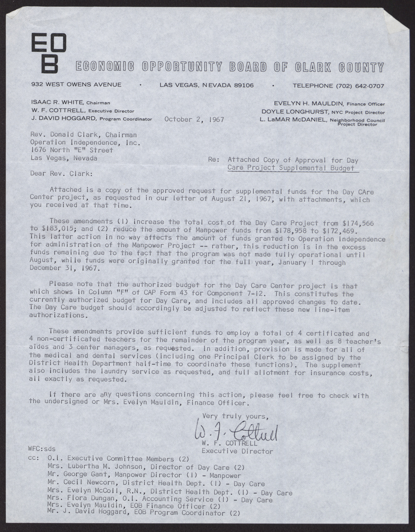Letter to Rev. Donald Clark from W. F. Cottrell, October 2, 1967