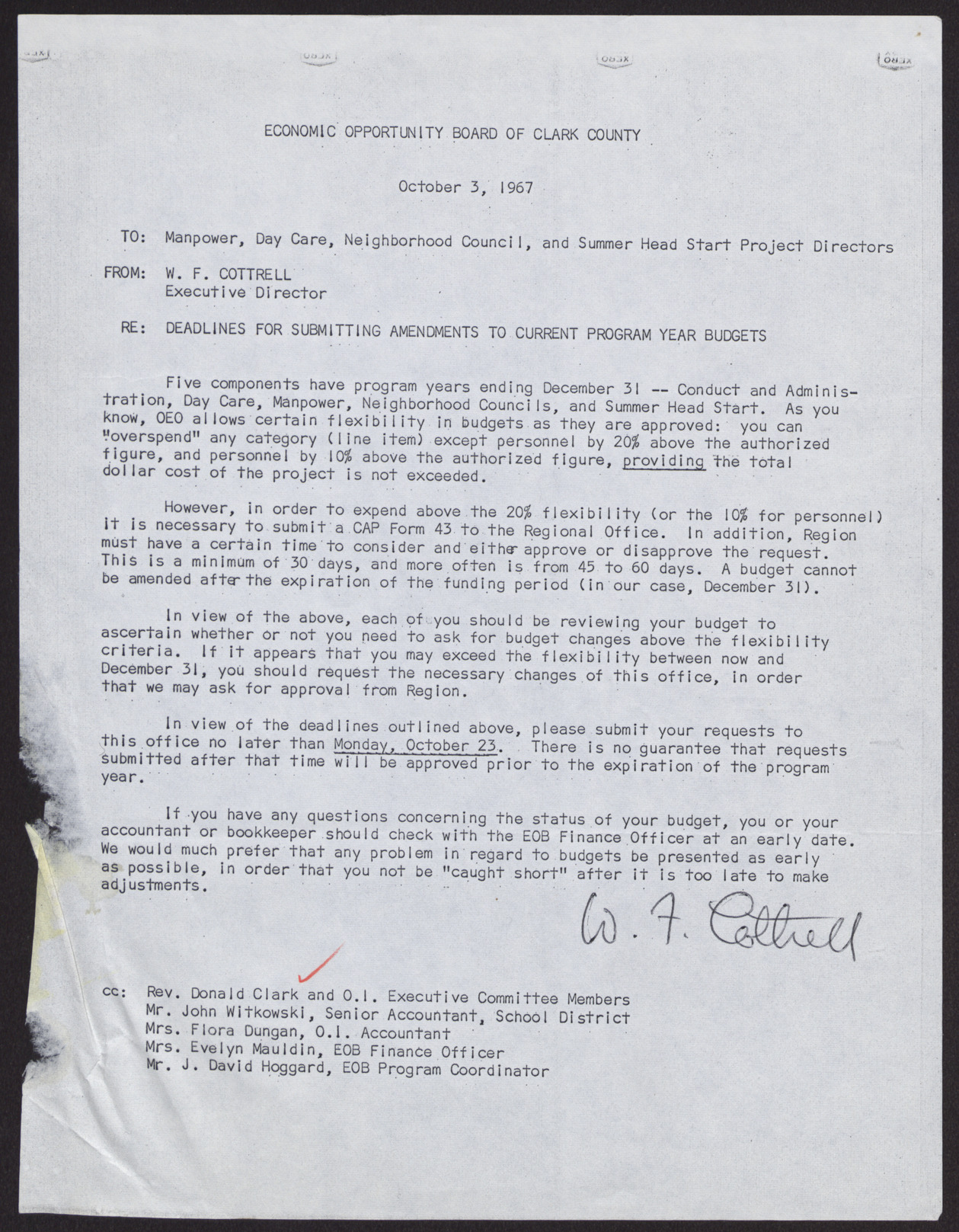 Letter to Manpower, Day Care, Neighborhood Council, and Summer Head Start Project Directors from W. F. Cottrell, October 3, 1967