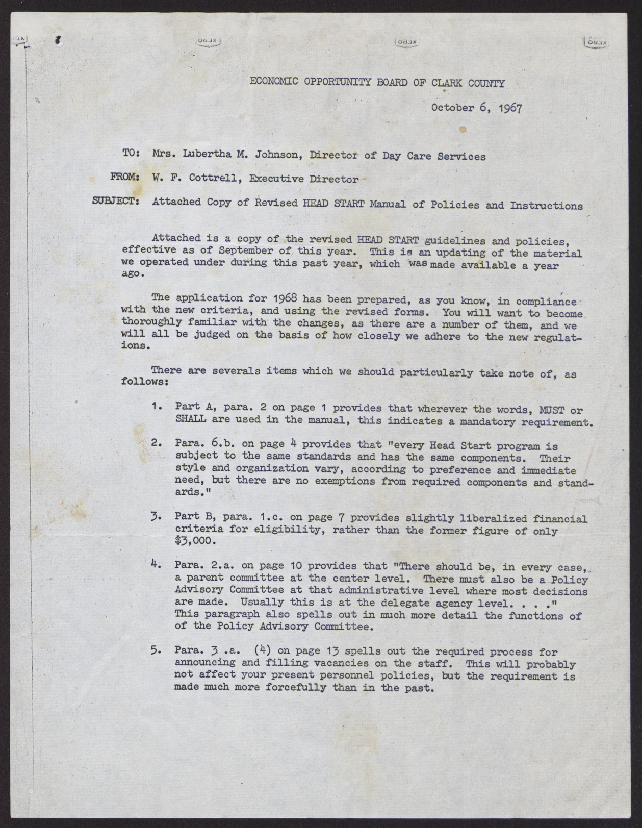 Letter to Mrs. Lubertha M. Johnson from W. F. Cottrell (2 pages), October 6, 1967