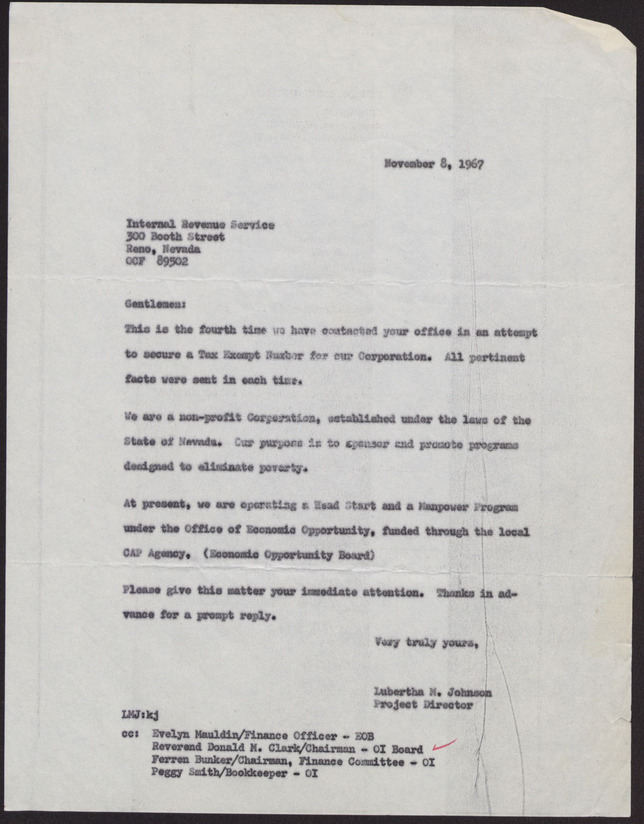 Letter to the Internal Revenue Service from the EOB, November 8, 1967