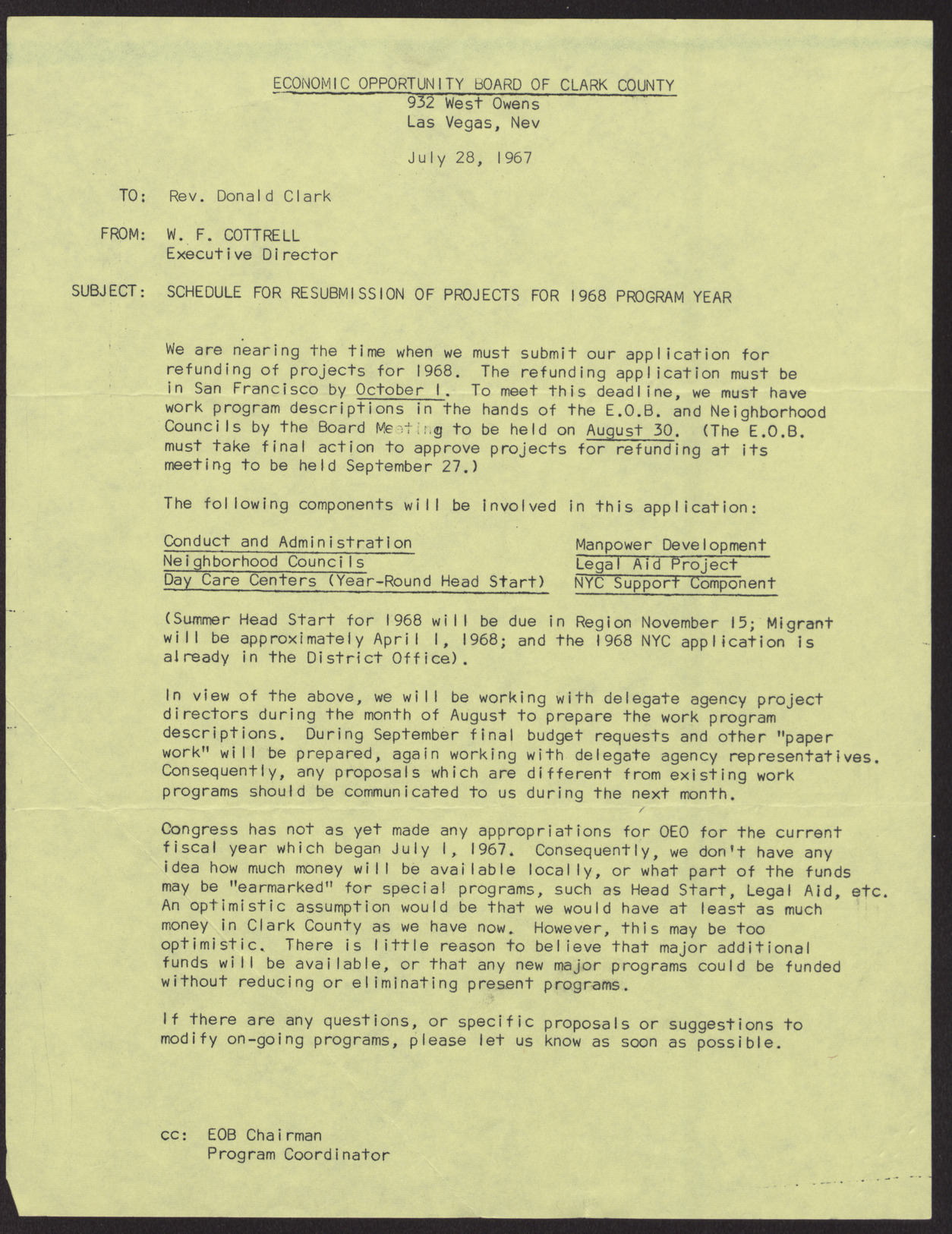 Letter to Rev. Donald Clark from W. F. Cottrell, July 28, 1967