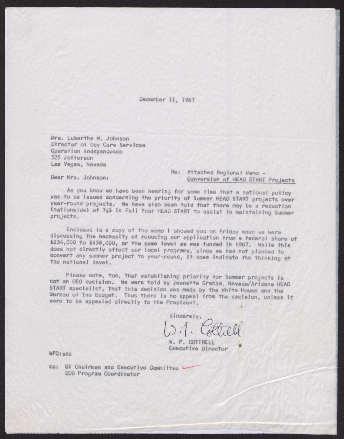 Letter to Mrs. Lubertha M. Johnson from W. F. Cottrell, December 11, 1967