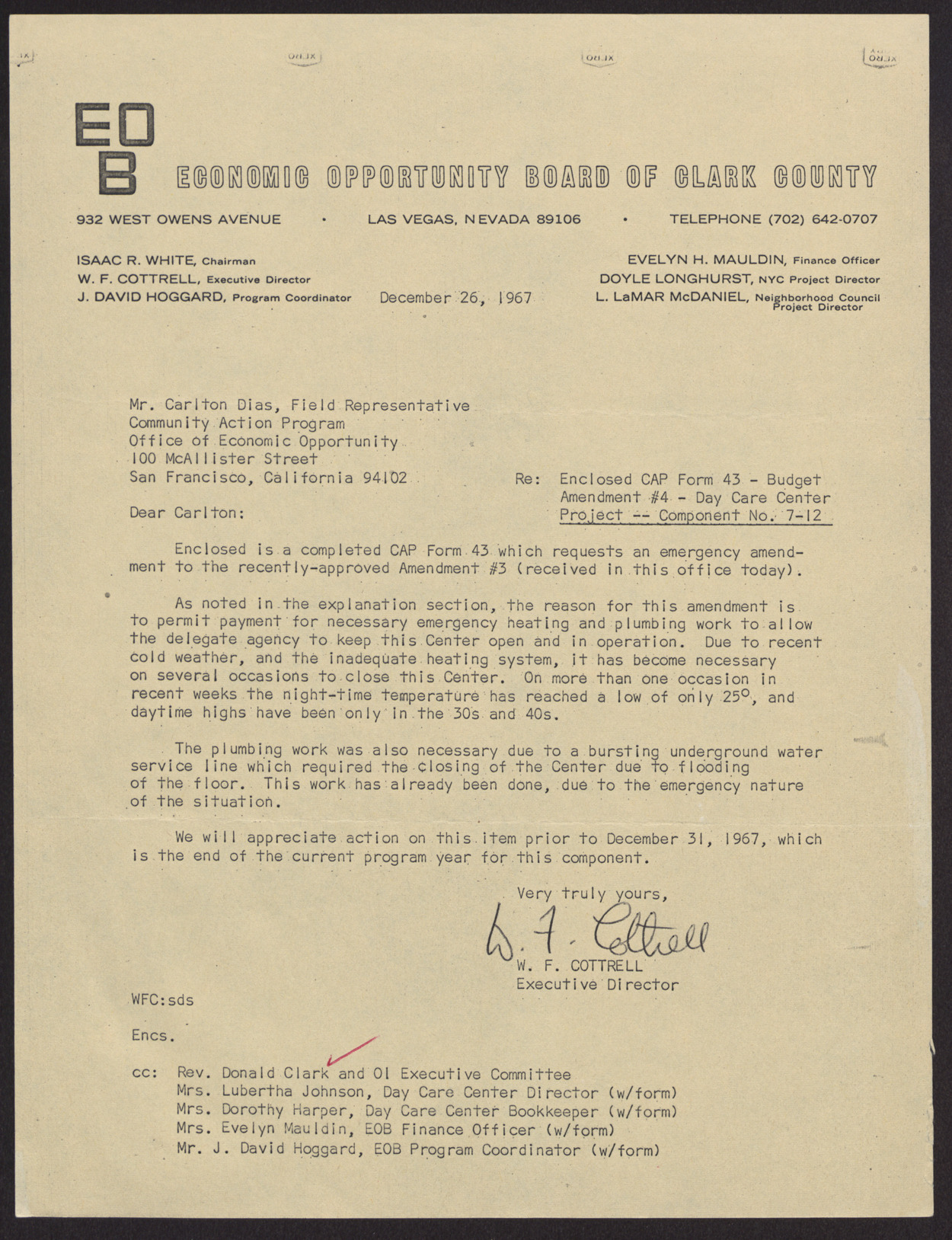 Letter to Mr. Carlton Dias from W. F. Cottrell, December 26, 1967