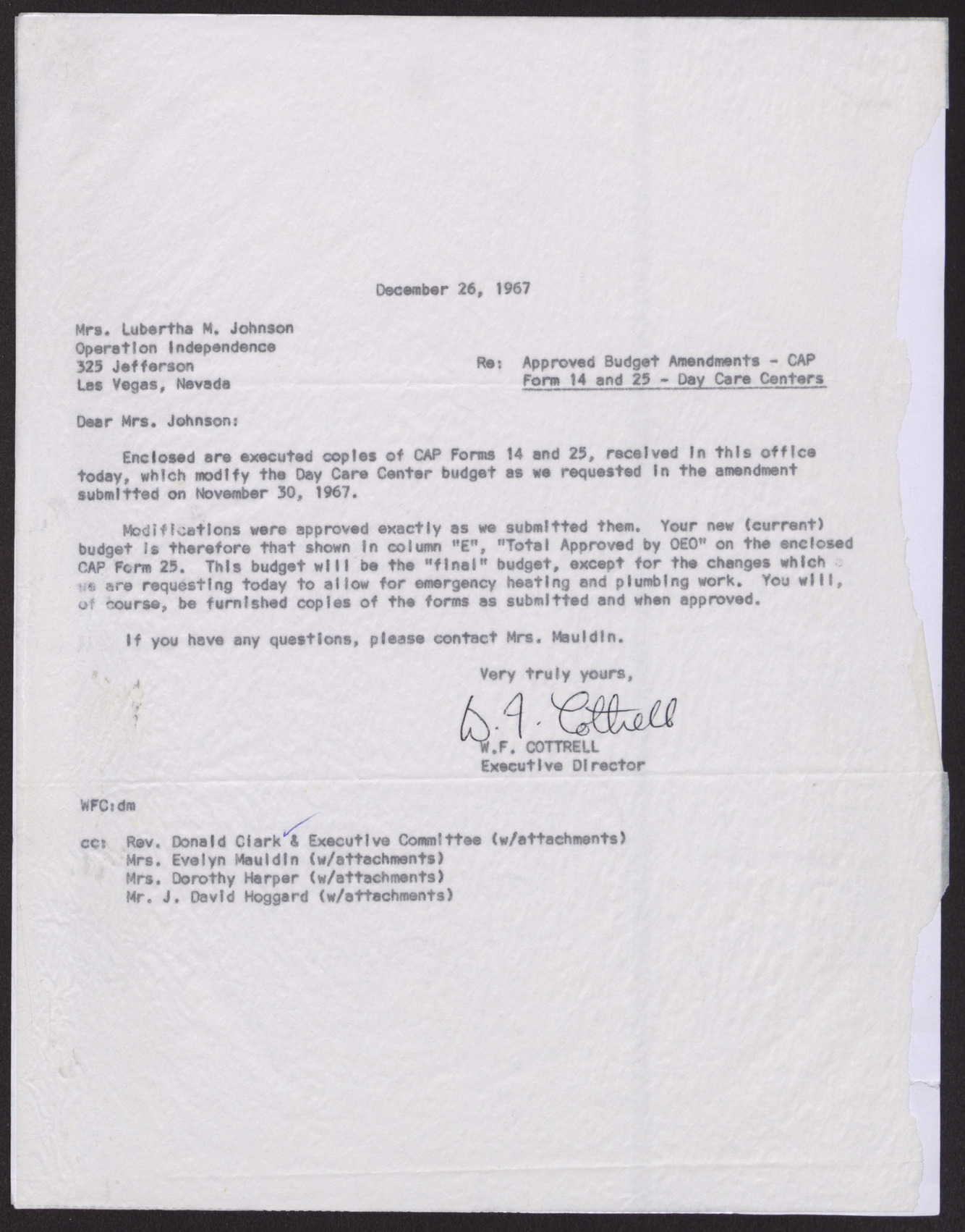 Letter to Mrs. Lubertha Johnson from W. F. Cottrell, December 26, 1967