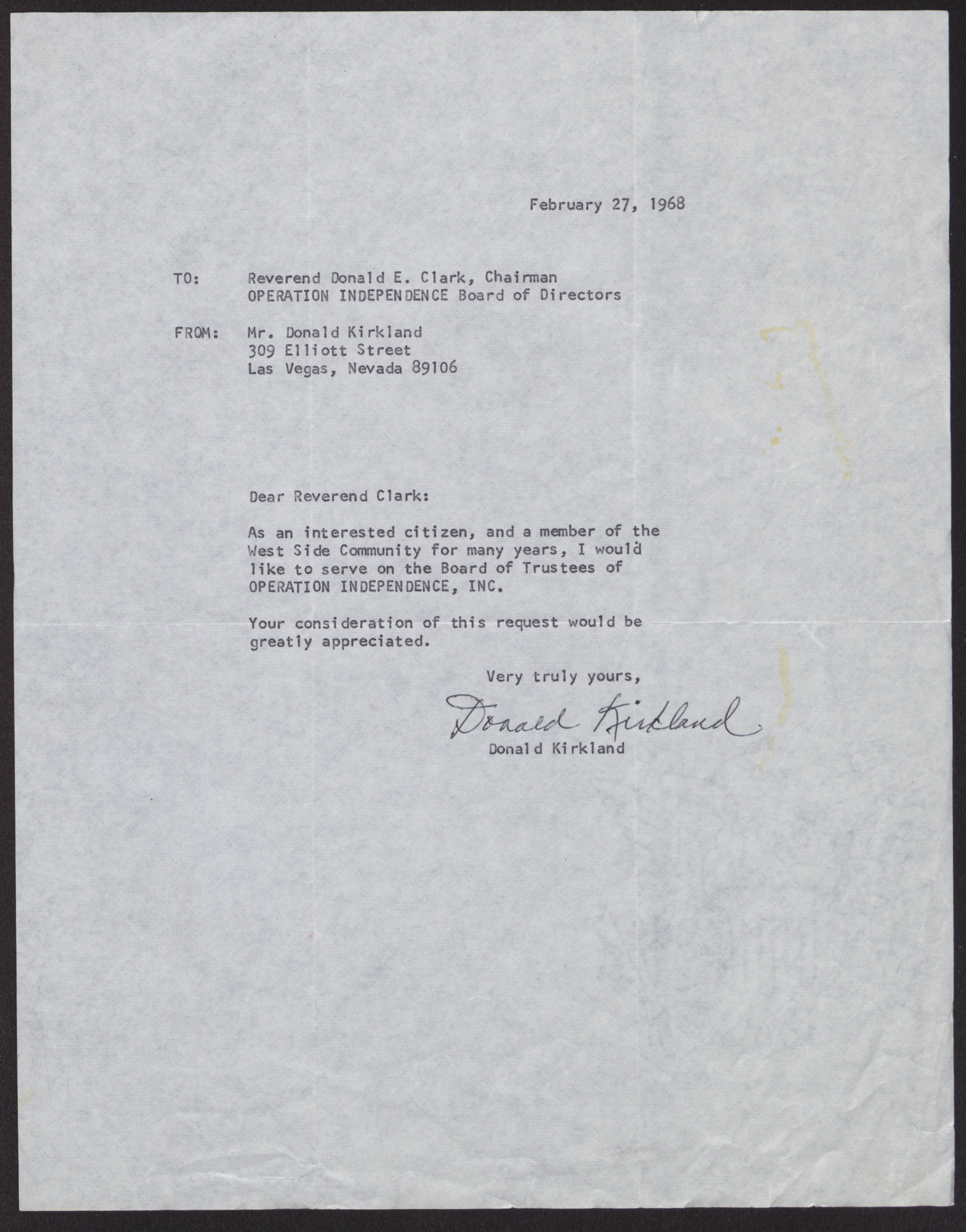 Letter to Reverend Donald E. Clark from Donald Kirkland, February 27, 1968