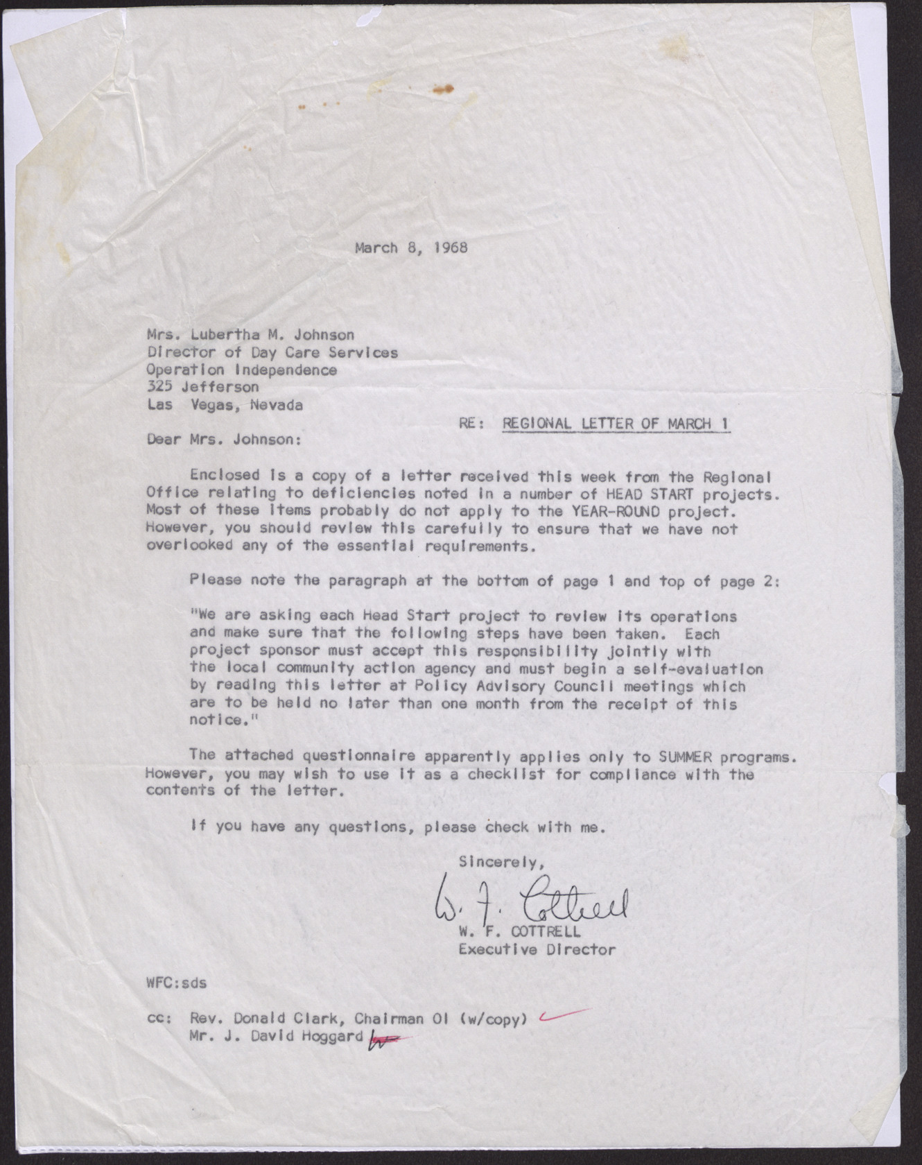 Letter to Mrs. Lubertha M. Johnson from W. F. Cottrell, March 8, 1968