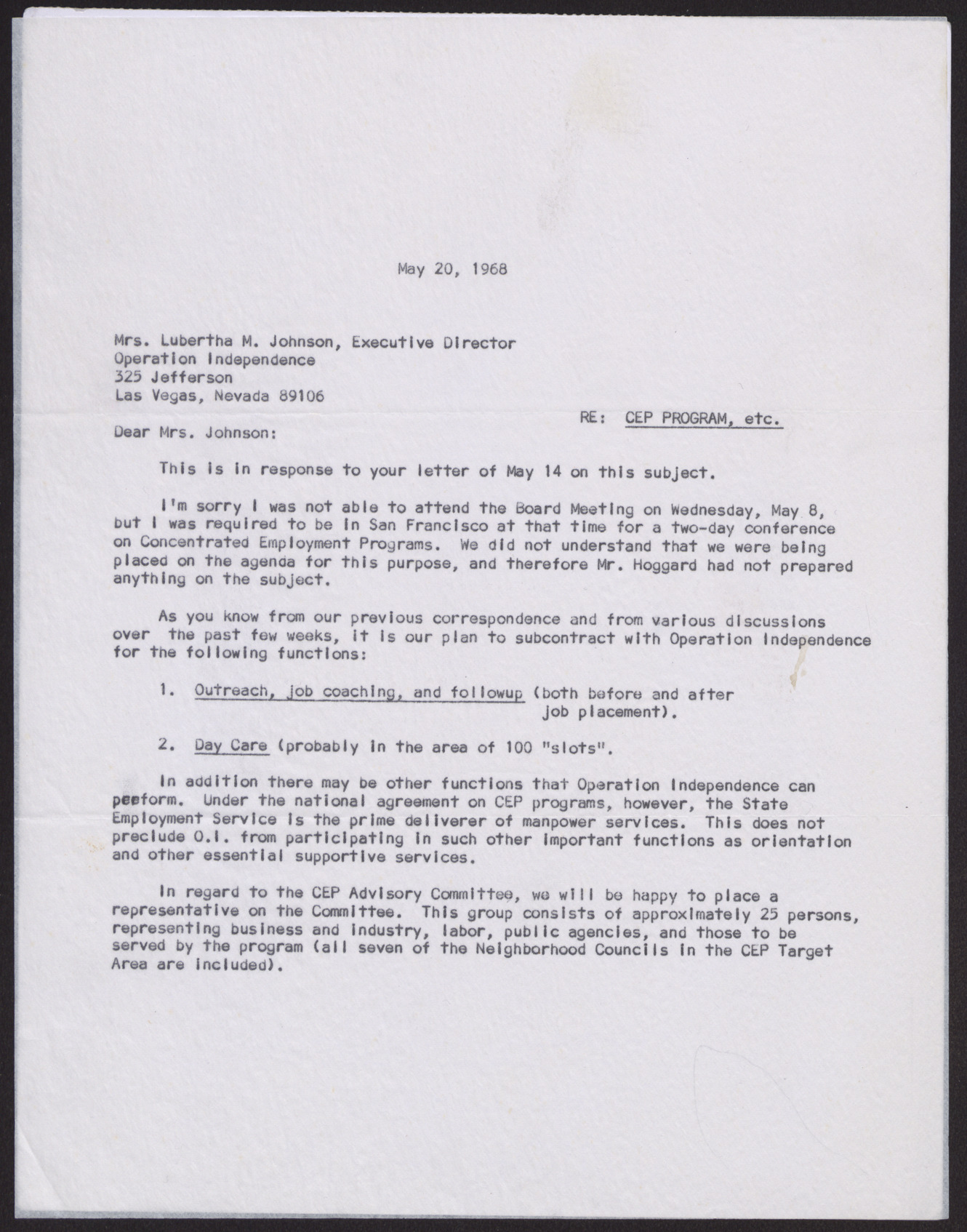 Letter to Mrs. Lubertha Johnson from W. F. Cottrell (2 pages), May 20, 1968