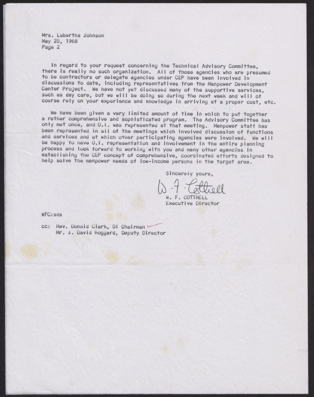 Letter to Mrs. Lubertha Johnson from W. F. Cottrell (2 pages), May 20, 1968, page 2