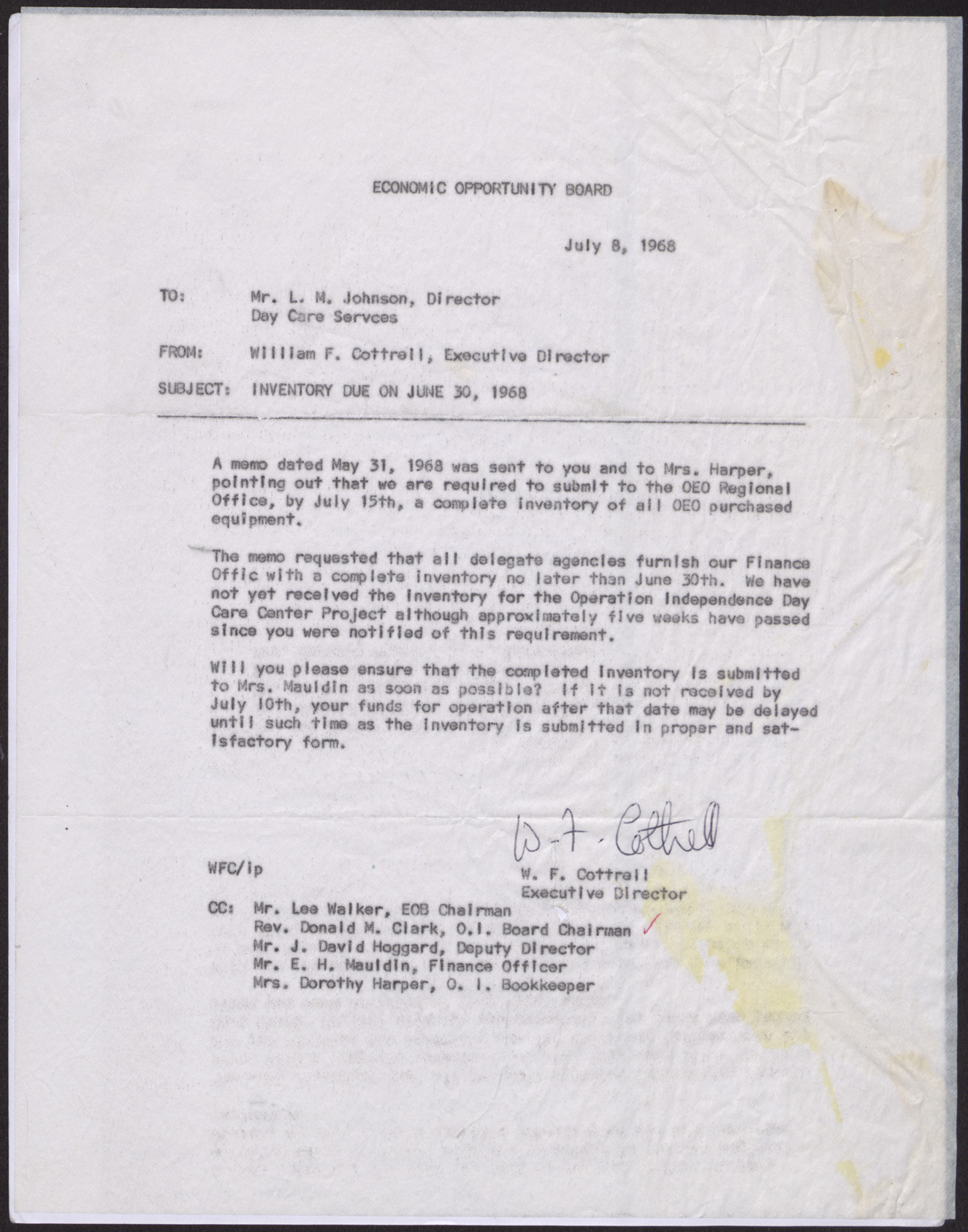 Letter to Mr. L. M. Johnson from William F. Cottrell, July 8, 1968