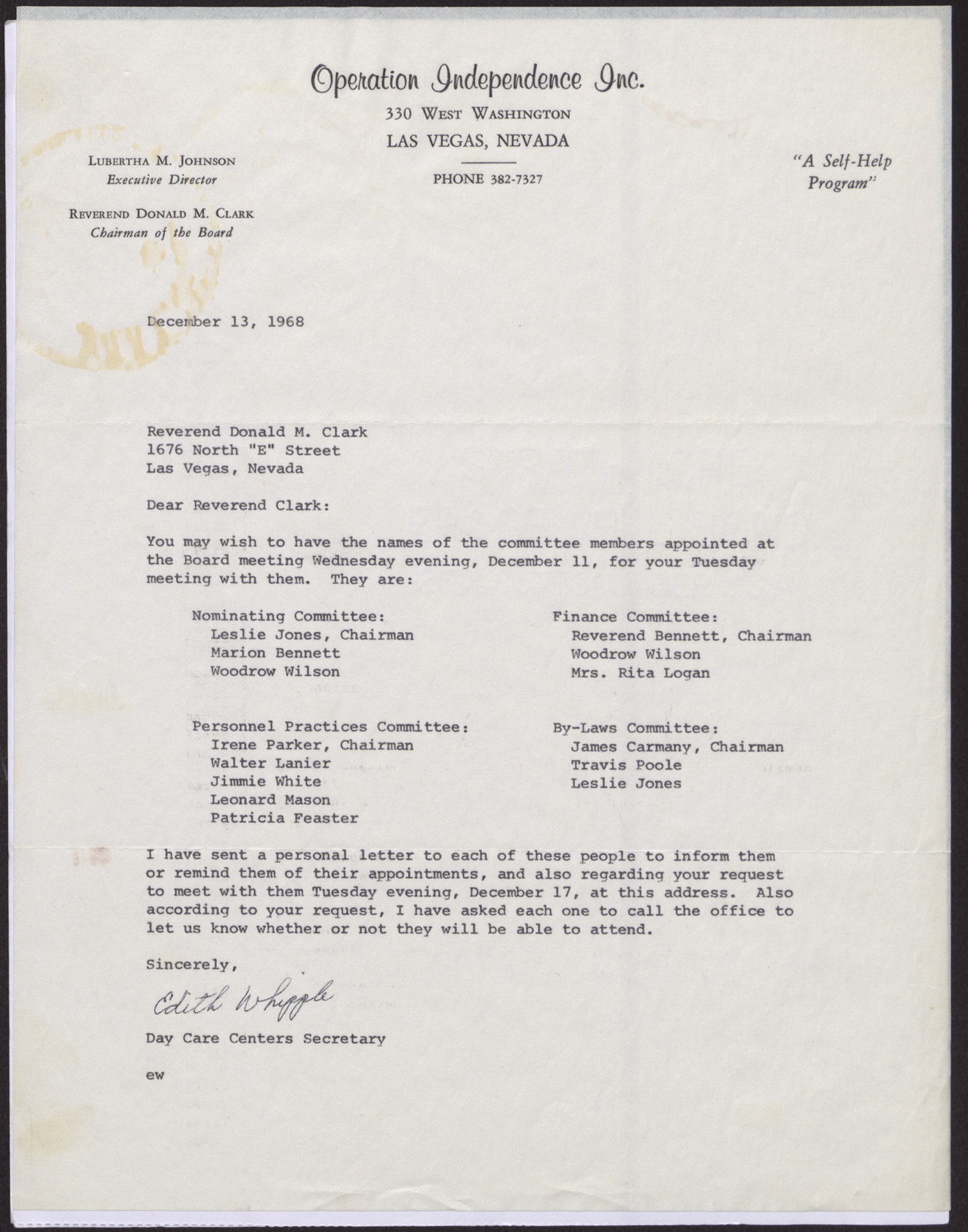 Letter to Reverend Donald M. Clark from Edith Whipple, December 13, 1968