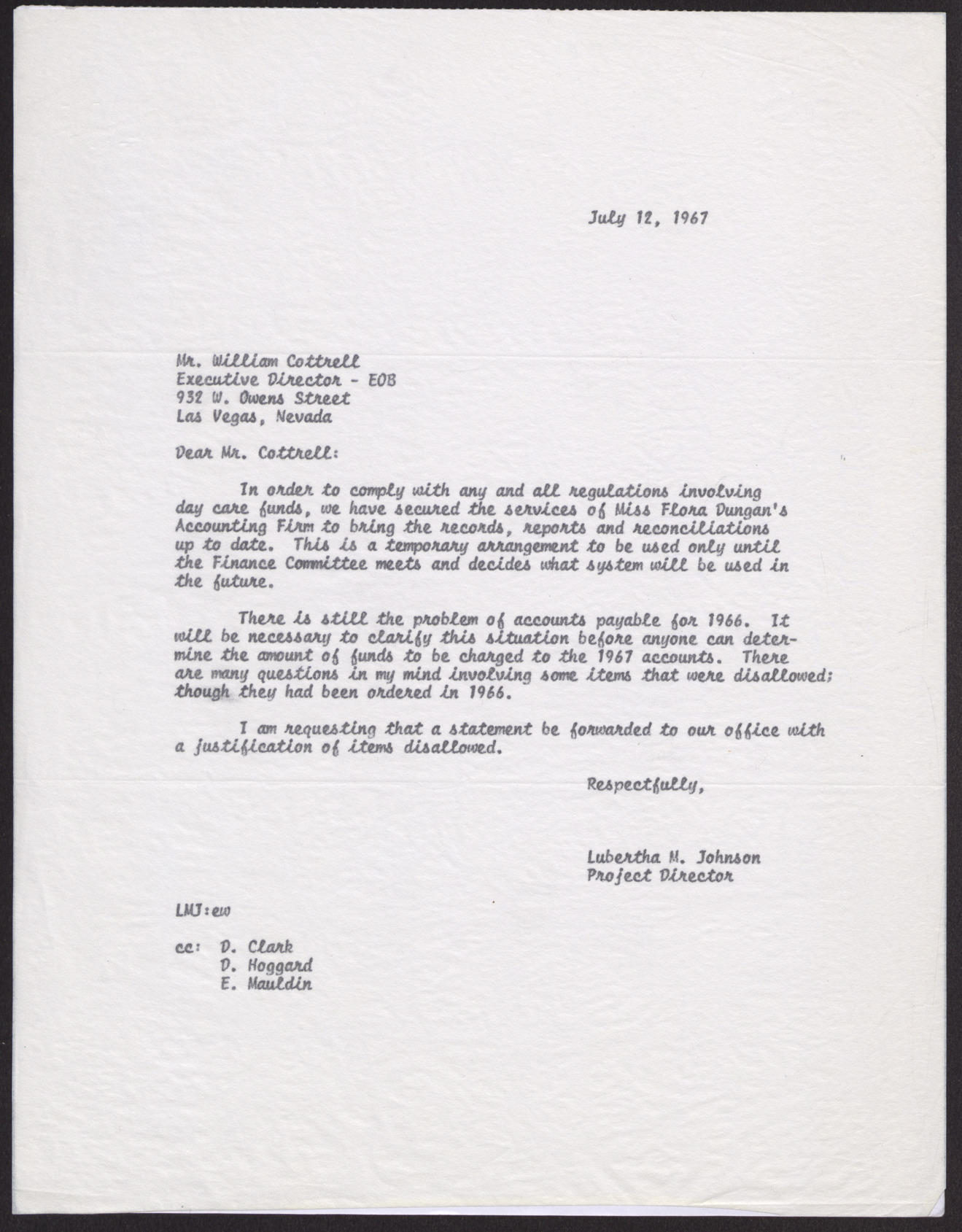 Letter to Mr. William Cottrell from Lubertha M. Johnson, July 12, 1967