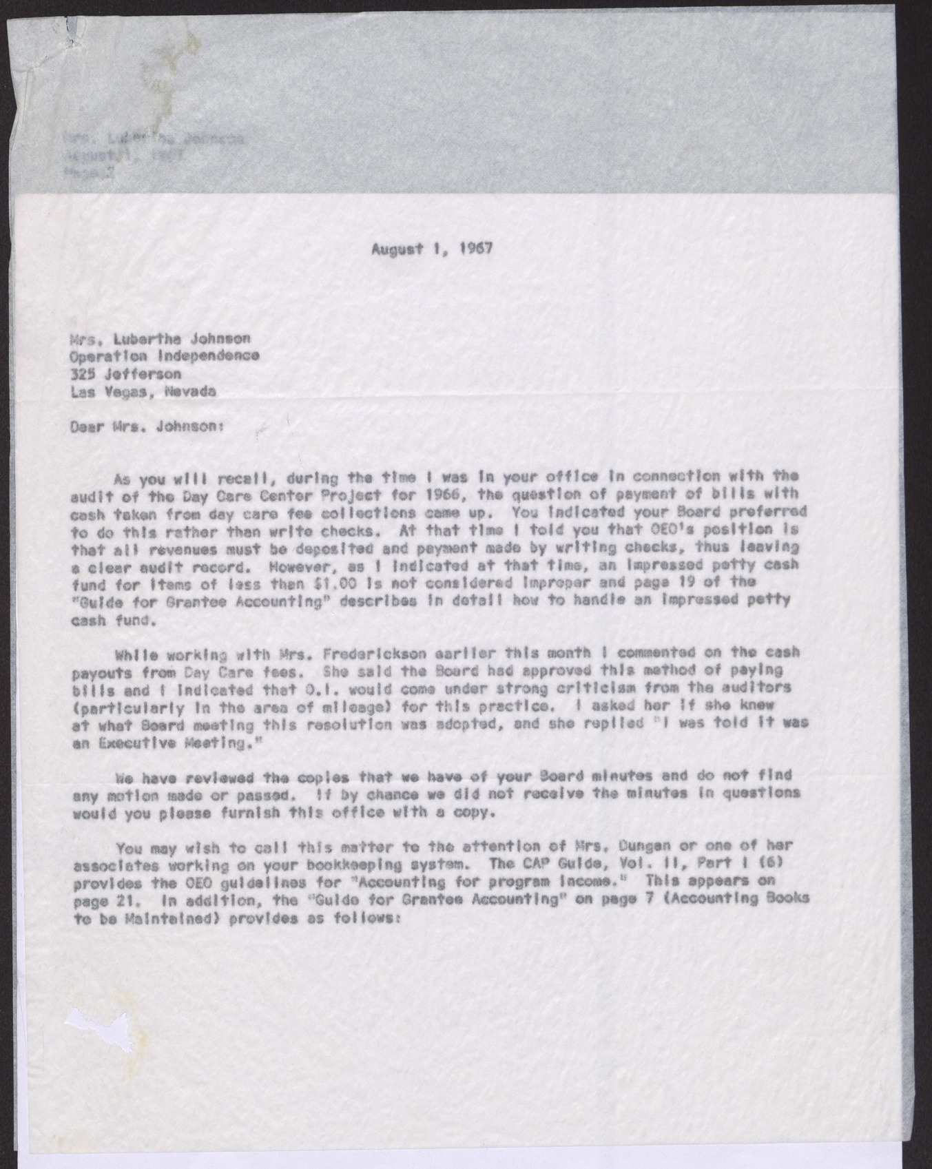 Letter to Mrs. Lubertha M. Johnson from Evelyn H. Maudlin (2 pages), August 1, 1967
