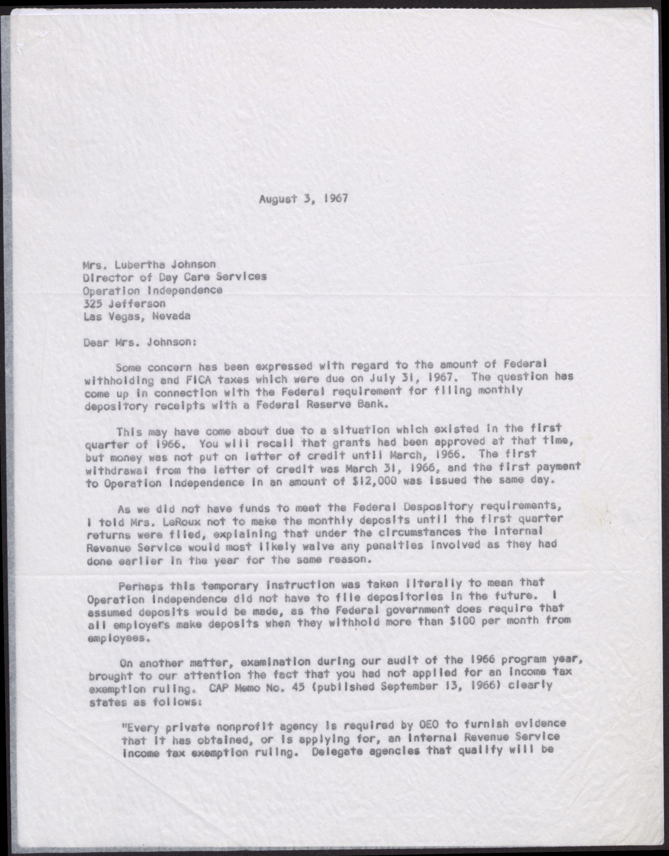 Letter to Mrs. Lubertha Johnson from Evelyn H. Maudlin (2 pages), August 3, 1967