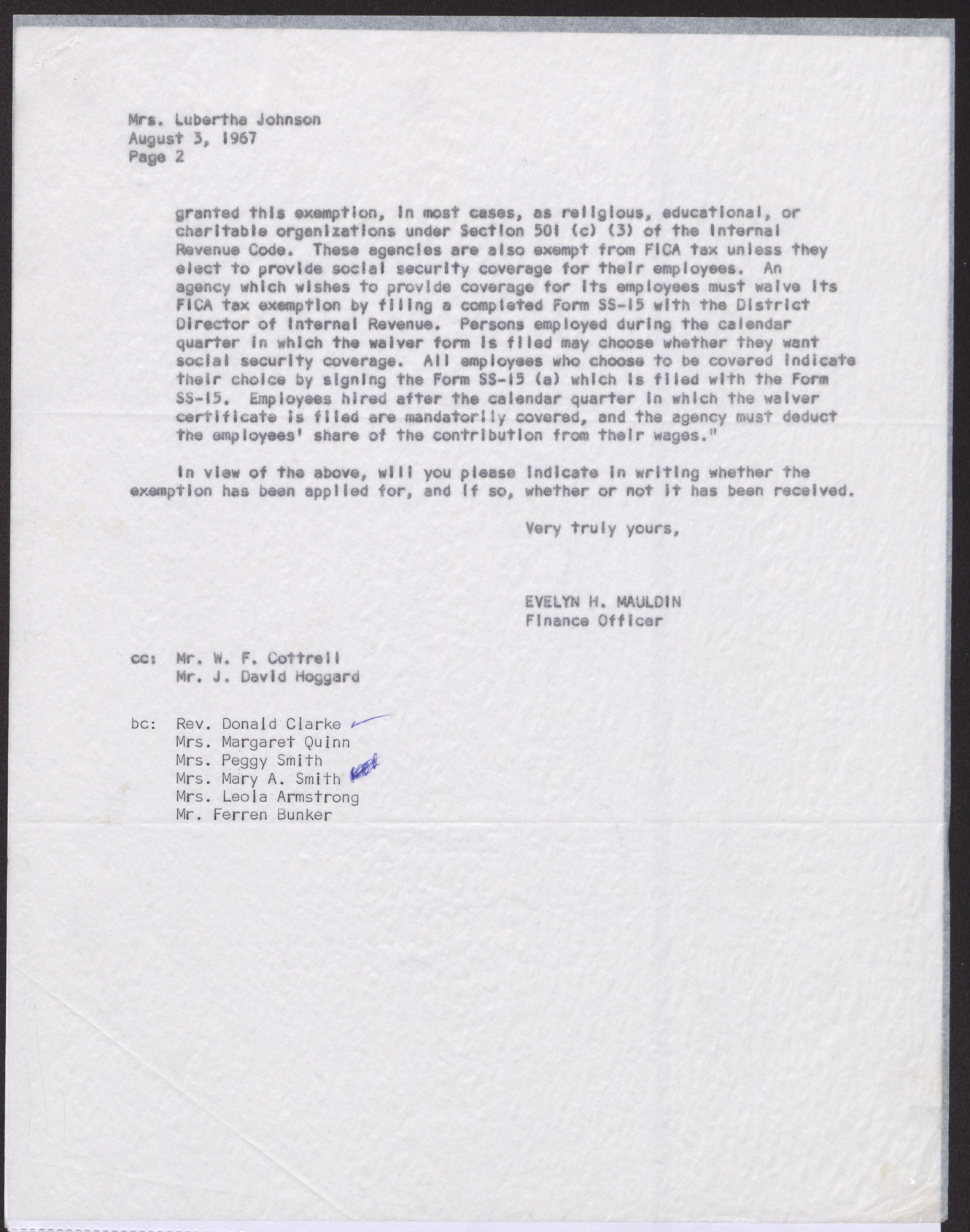 Letter to Mrs. Lubertha Johnson from Evelyn H. Maudlin (2 pages), August 3, 1967, page 2