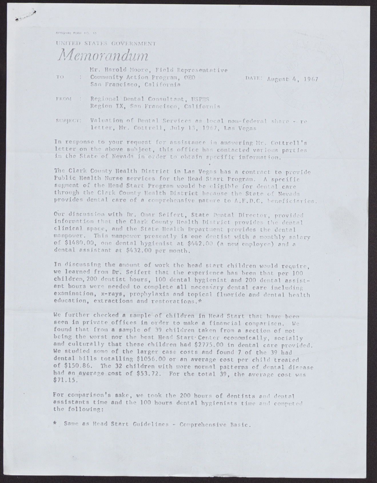 Letter to Mr. Harold Moore from Winston W. Frenzel (2 pages), August 4, 1967
