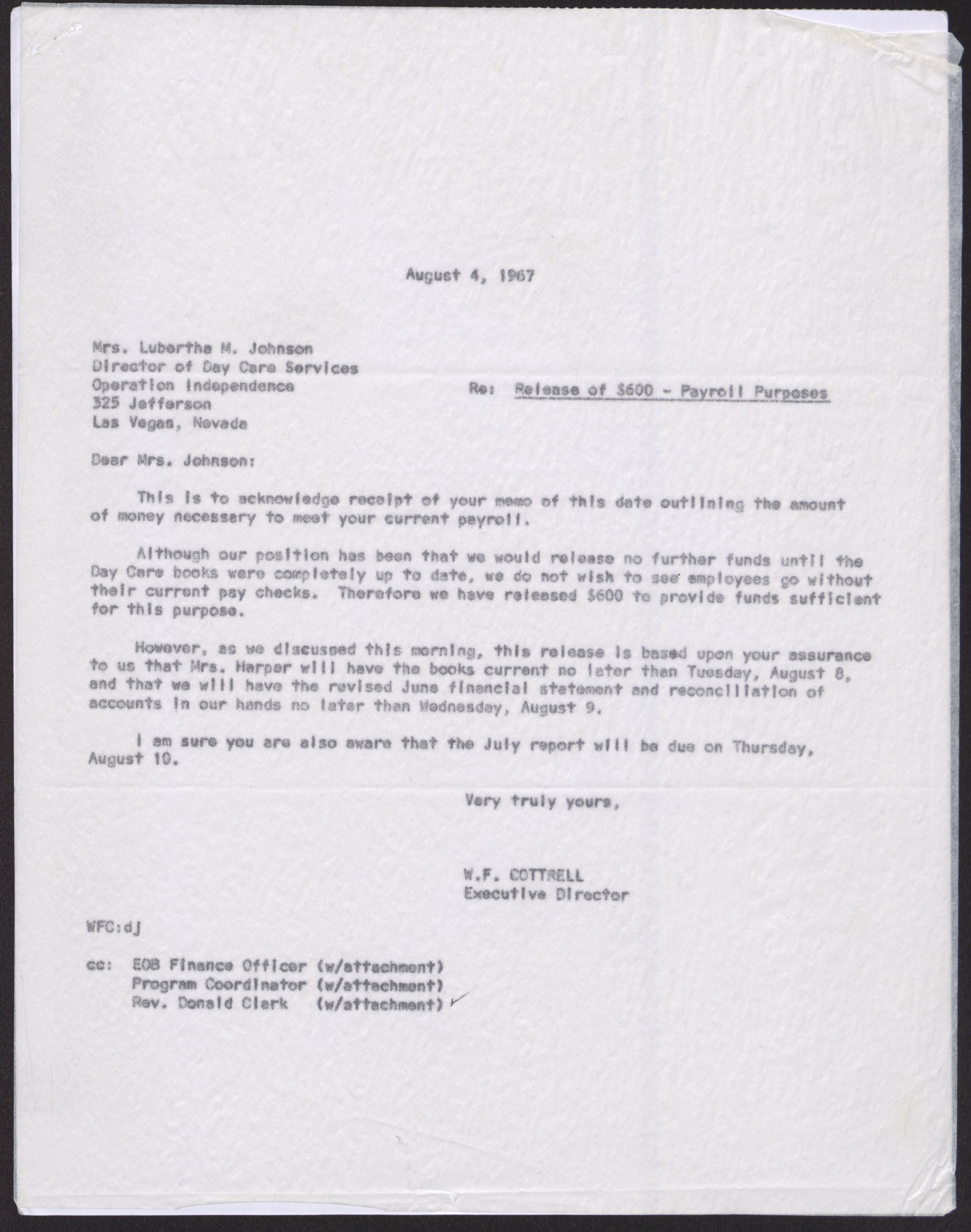 Letter to Mrs. Lubertha M. Johnson from W. F. Cottrell, August 4, 1967