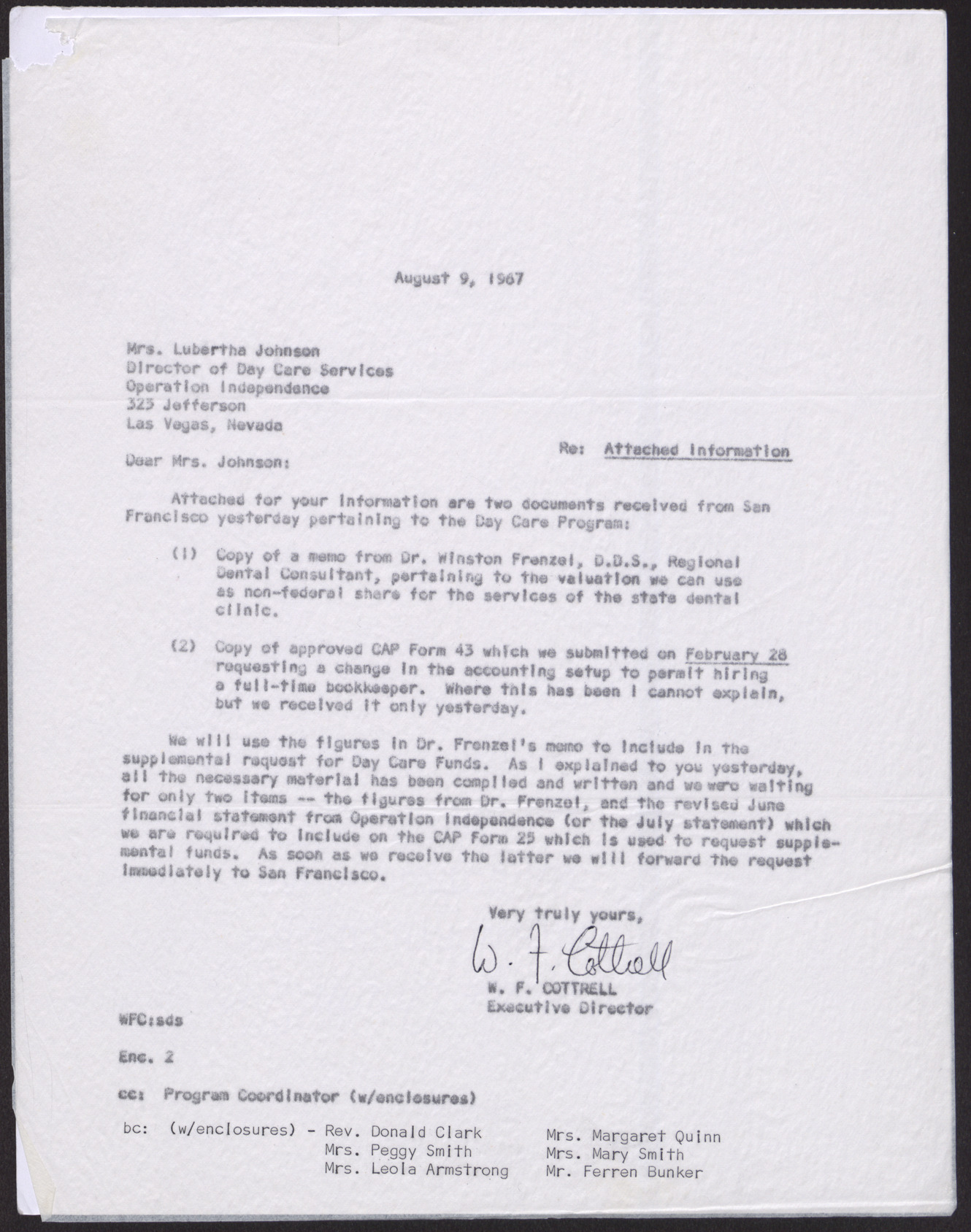 Letter to Mrs. Lubertha Johnson from W. F. Cottrell, August 9, 1967
