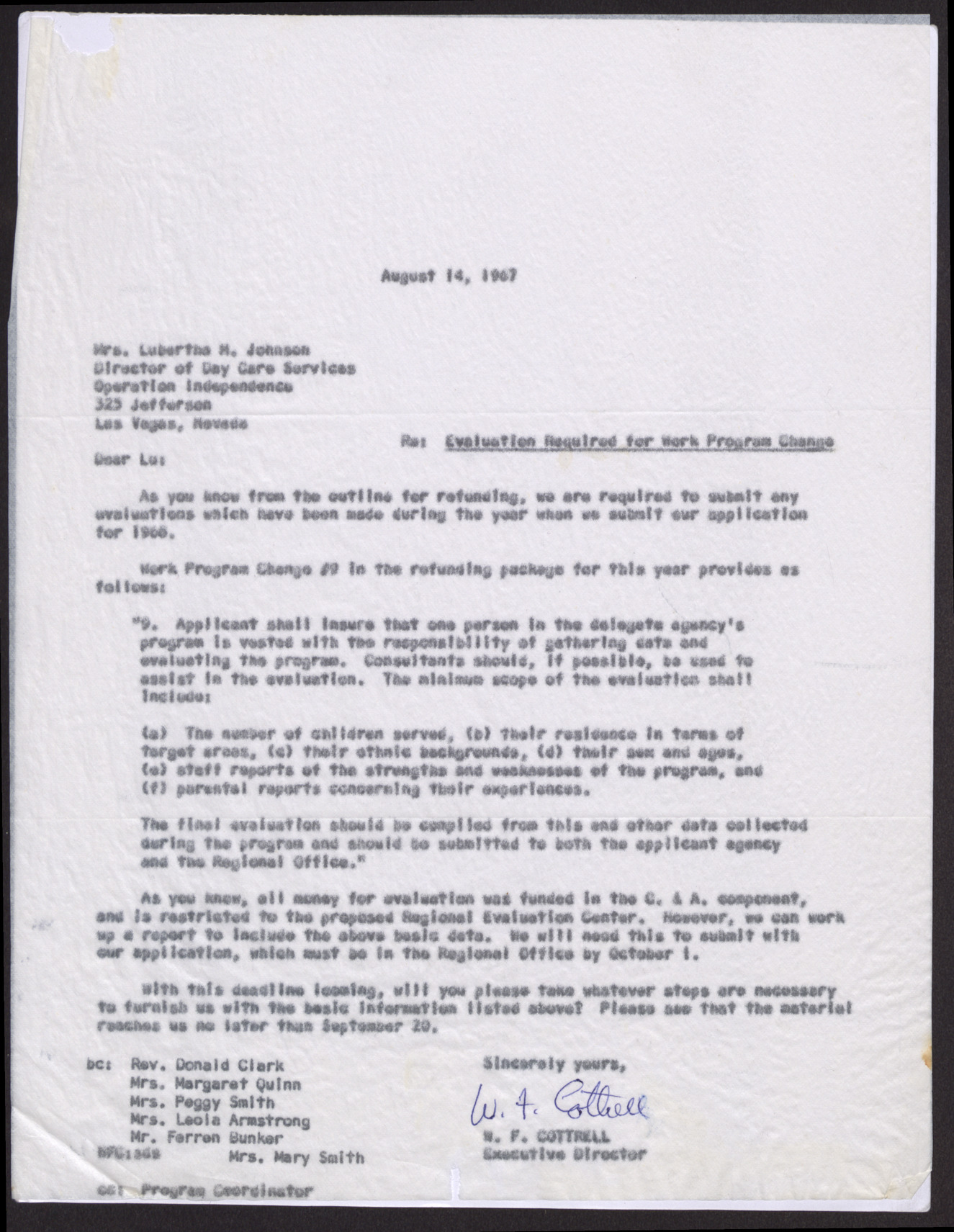 Letter to Mrs. Lubertha M. Johnson from W. F. Cottrell, August 14, 1967