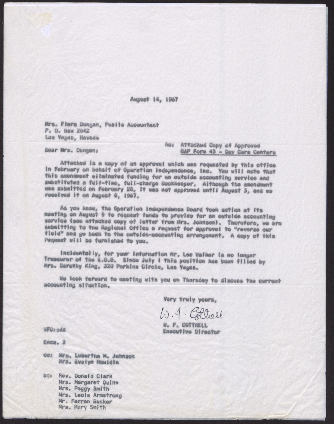 Letter to Mrs. Flora Dungan from W. F. Cottrell, August 14, 1967