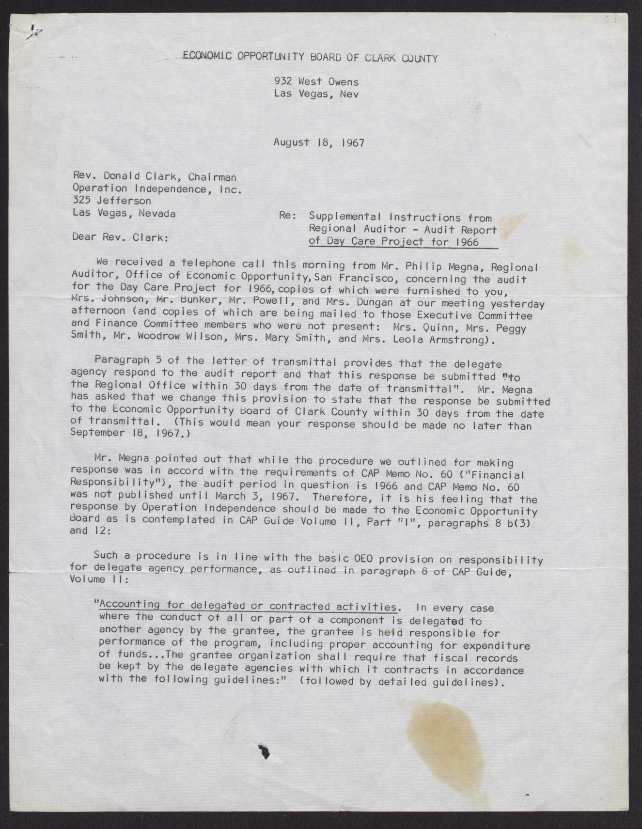 Letter to Rev. Donald Clark from the EOB, August 18, 1967