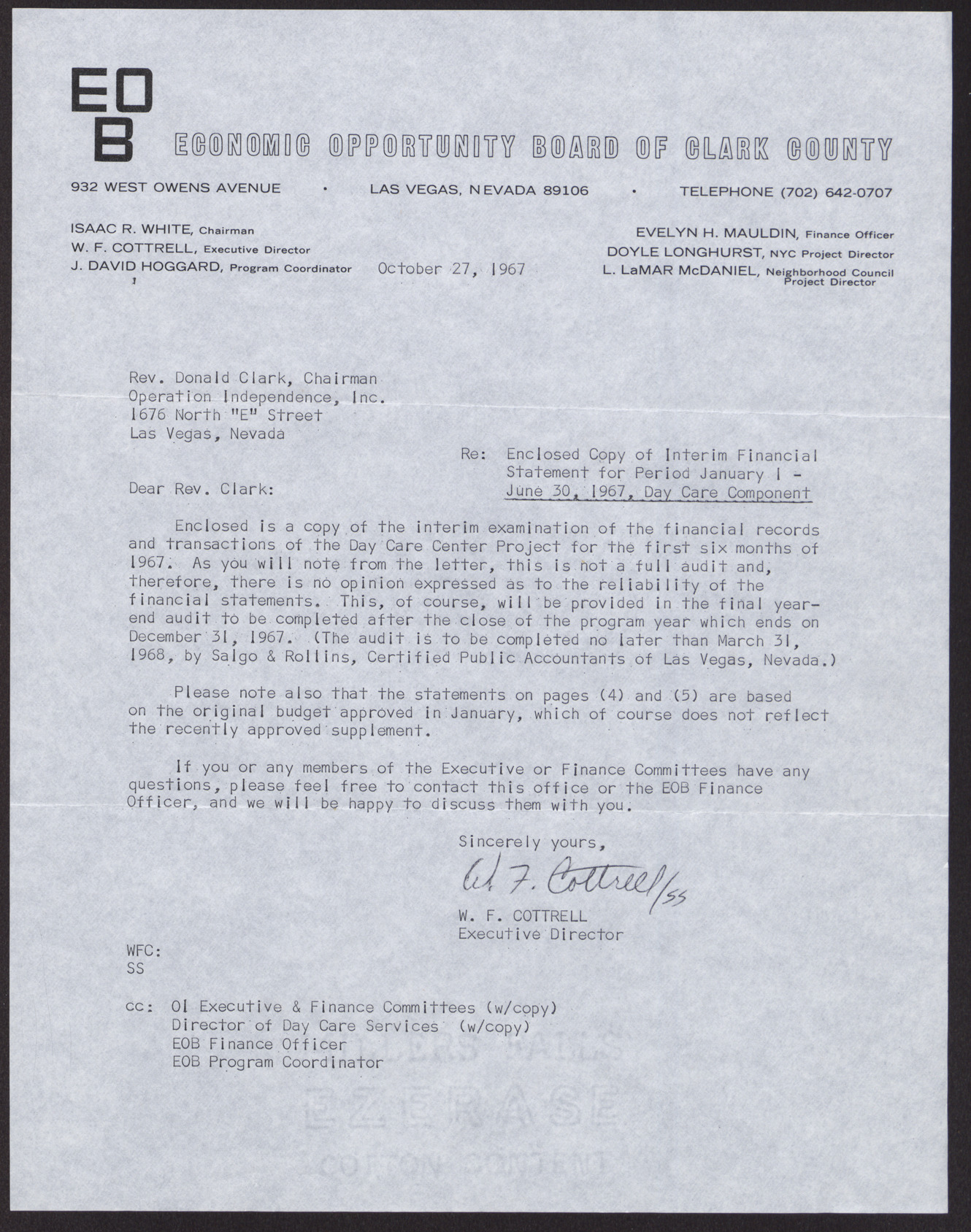 Letter to Rev. Donald Clark from W. F. Cottrell, October 27, 1967