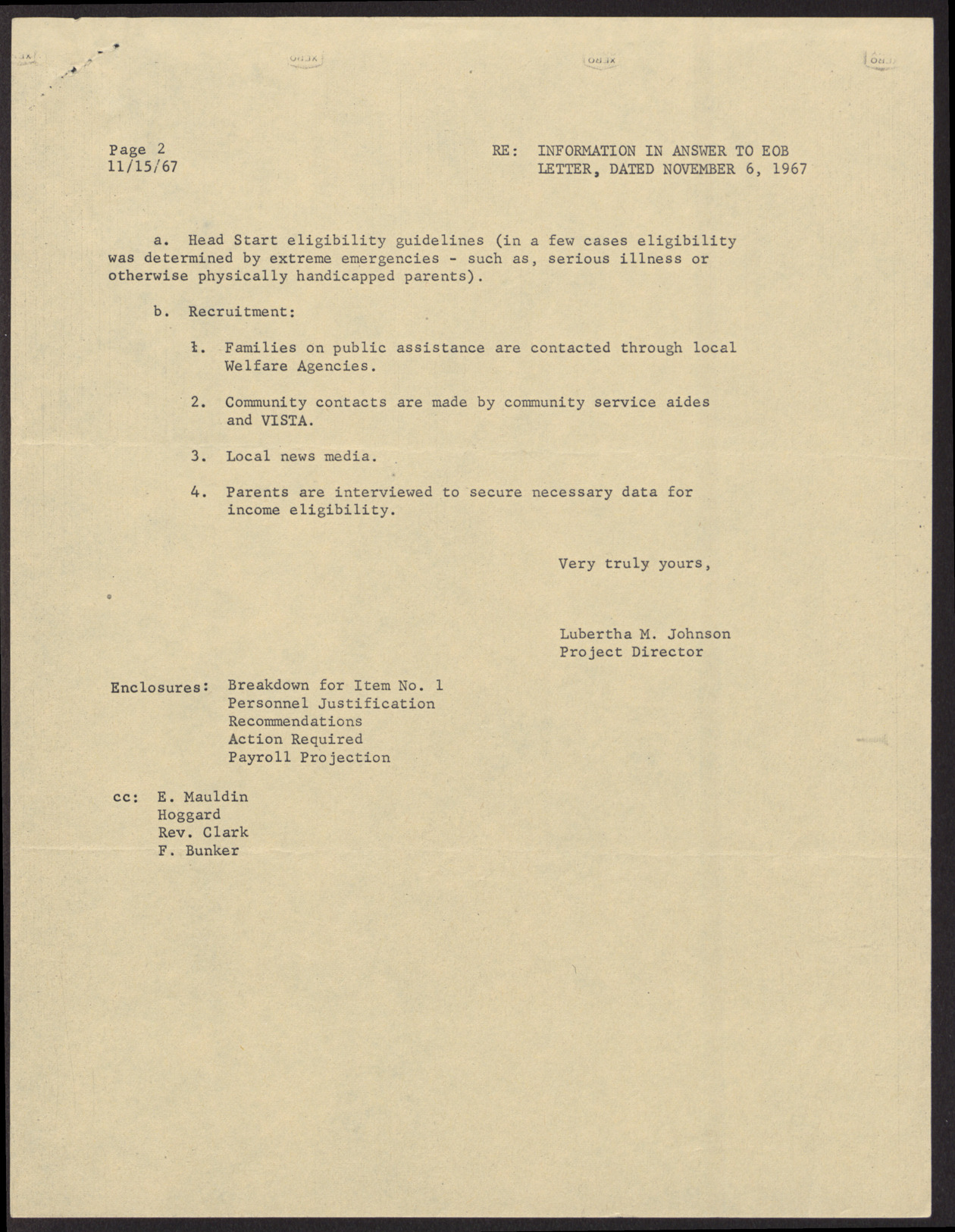 Letter to Mr. William F. Cottrell from Lubertha M. Johnson (2 pages), November 15, 1967, page 2