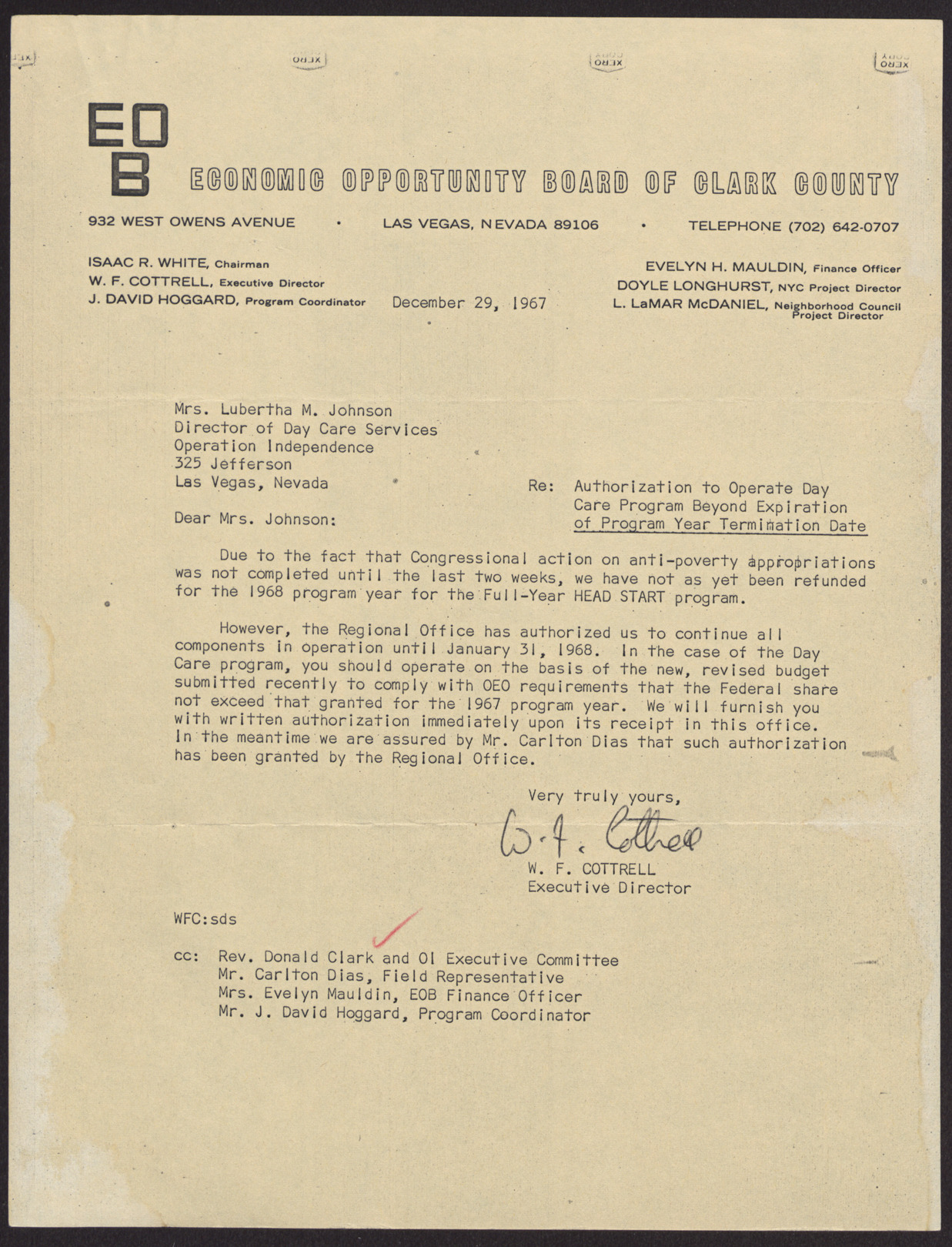 Letter to Mrs. Lubertha M. Johnson from W. F. Cottrell, December 29, 1967