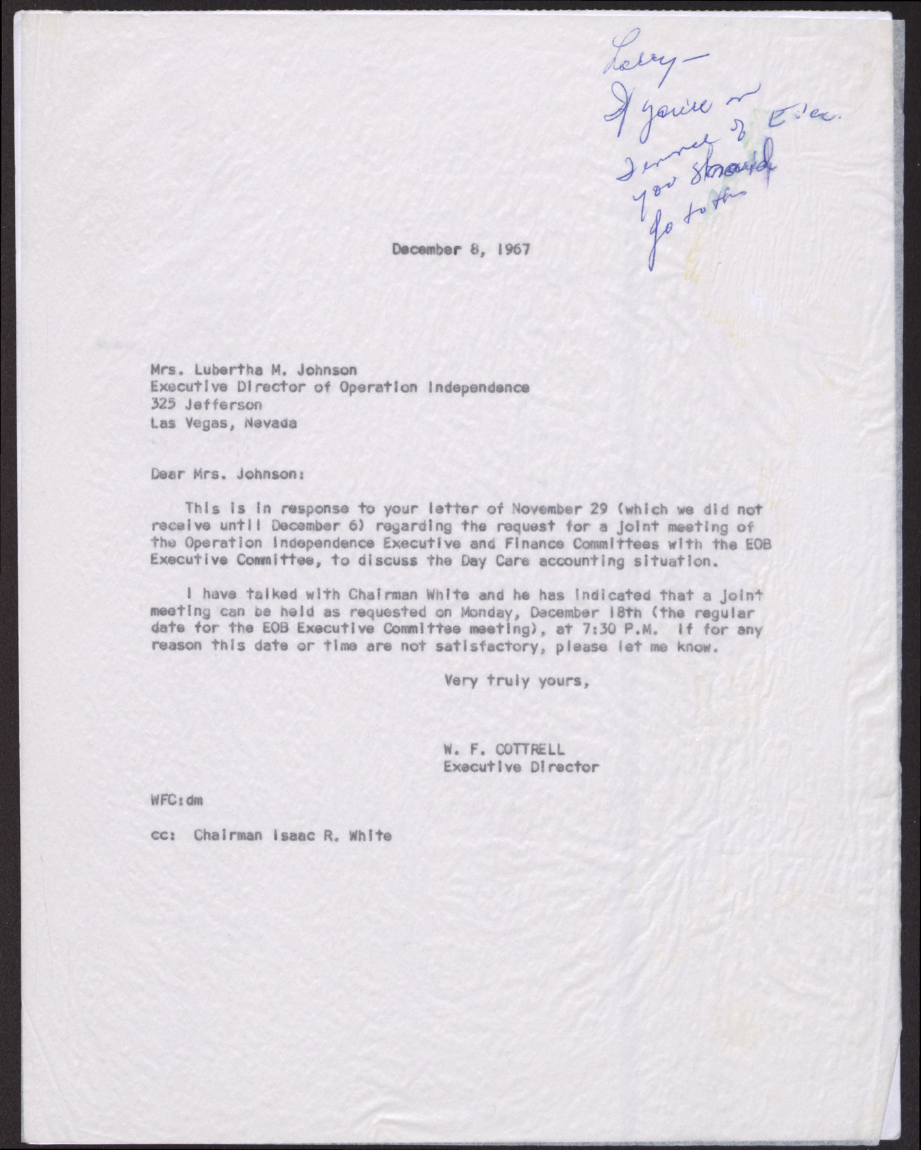 Letter to Mrs. Lubertha M. Johnson from W. F. Cottrell, December 8, 1967
