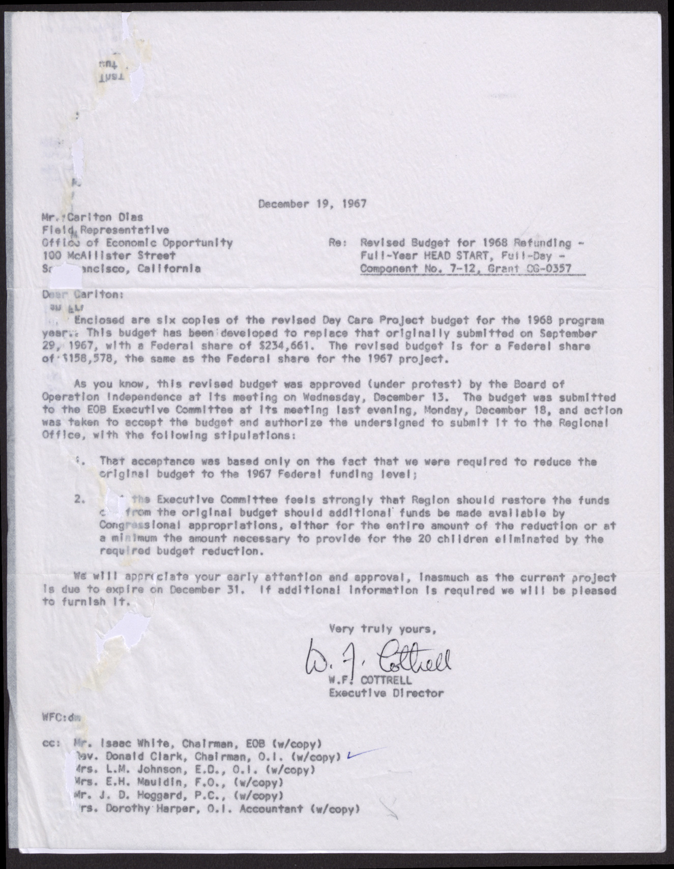 Letter to Mr. Carlton Dias from W. F. Cottrell, December 19, 1967