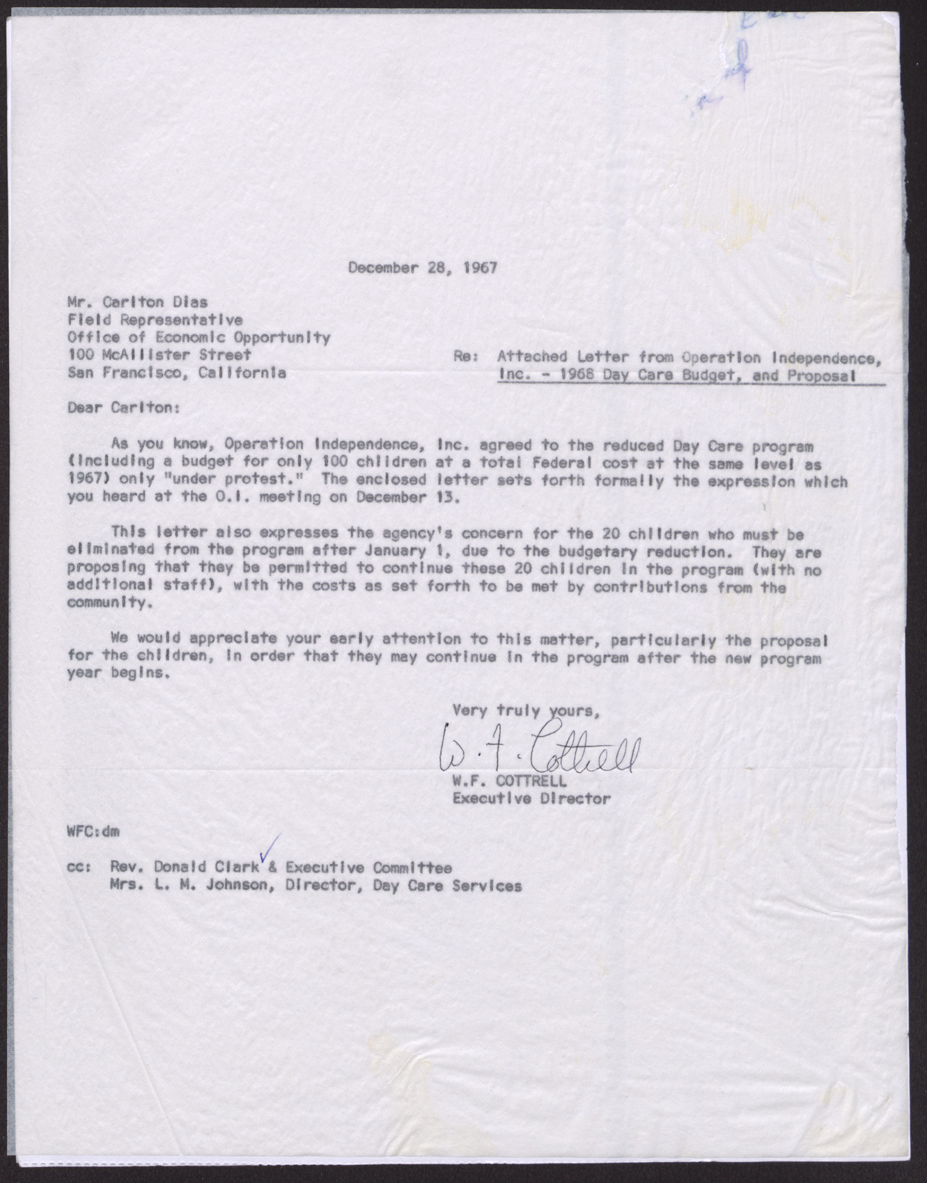 Letter to Mr. Carlton Dias from W. F. Cottrell, December 28, 1967