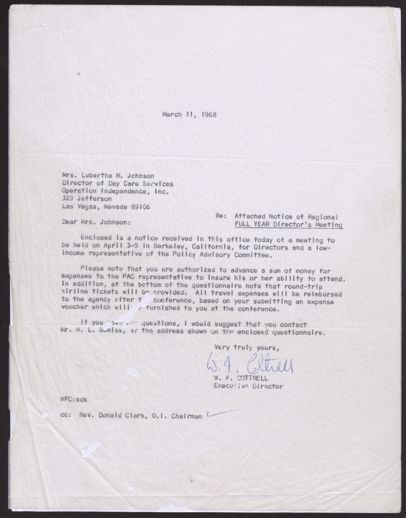 Letter to Mrs. Lubertha M. Johnson from W. F. Cottrell, March 11, 1968