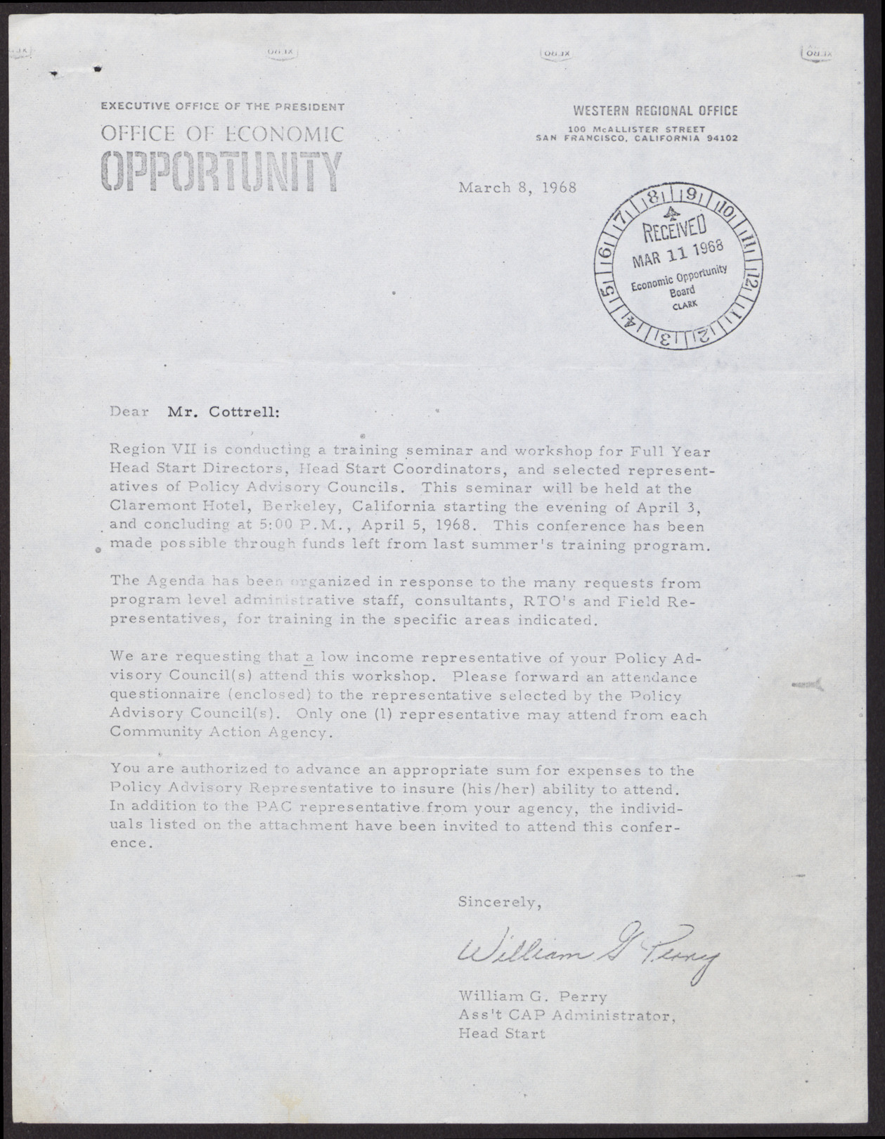 Letter to Mr. Cottrell from William G. Perry, March 8, 1968