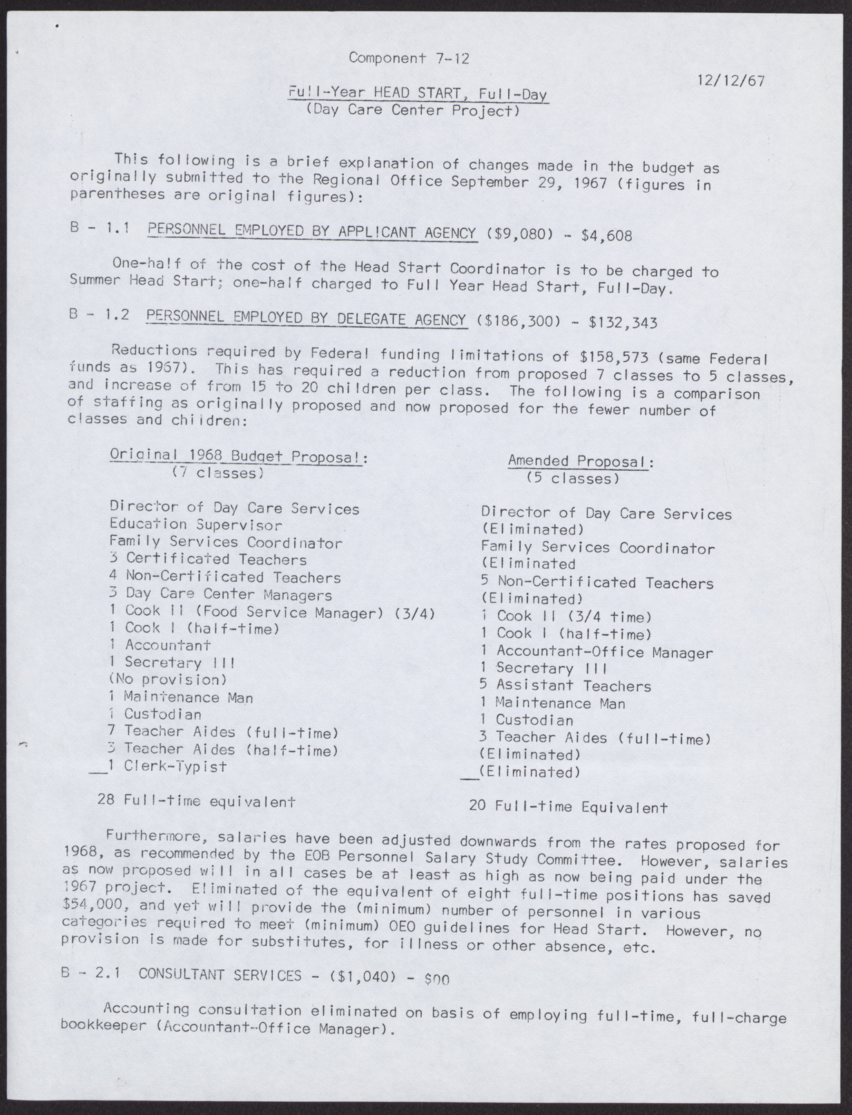 Full-Year Head Start, Full-Day Suggested Revised Budget to Meet Funding Limitations (6 pages each), December 12, 1967, page 4