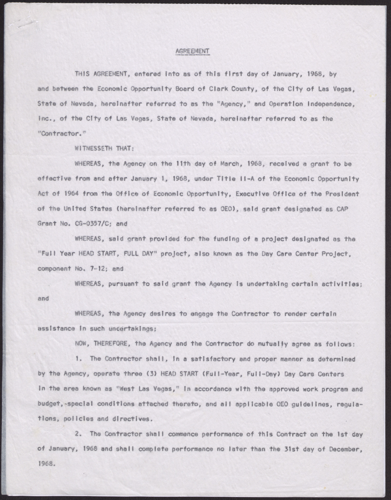 Contract of agreement between the EOB ad Operation Independence, Inc. (6 pages), January 1, 1968